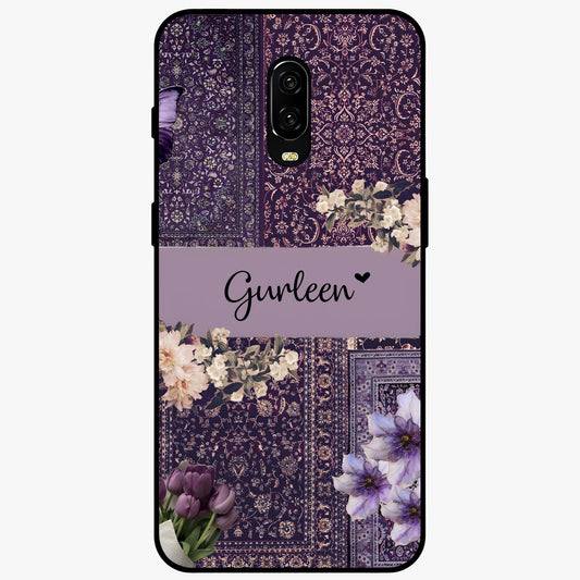 Antique Floral Whisper Custom Name Glass Case showing flat back view with vintage floral artwork and personalized name design.