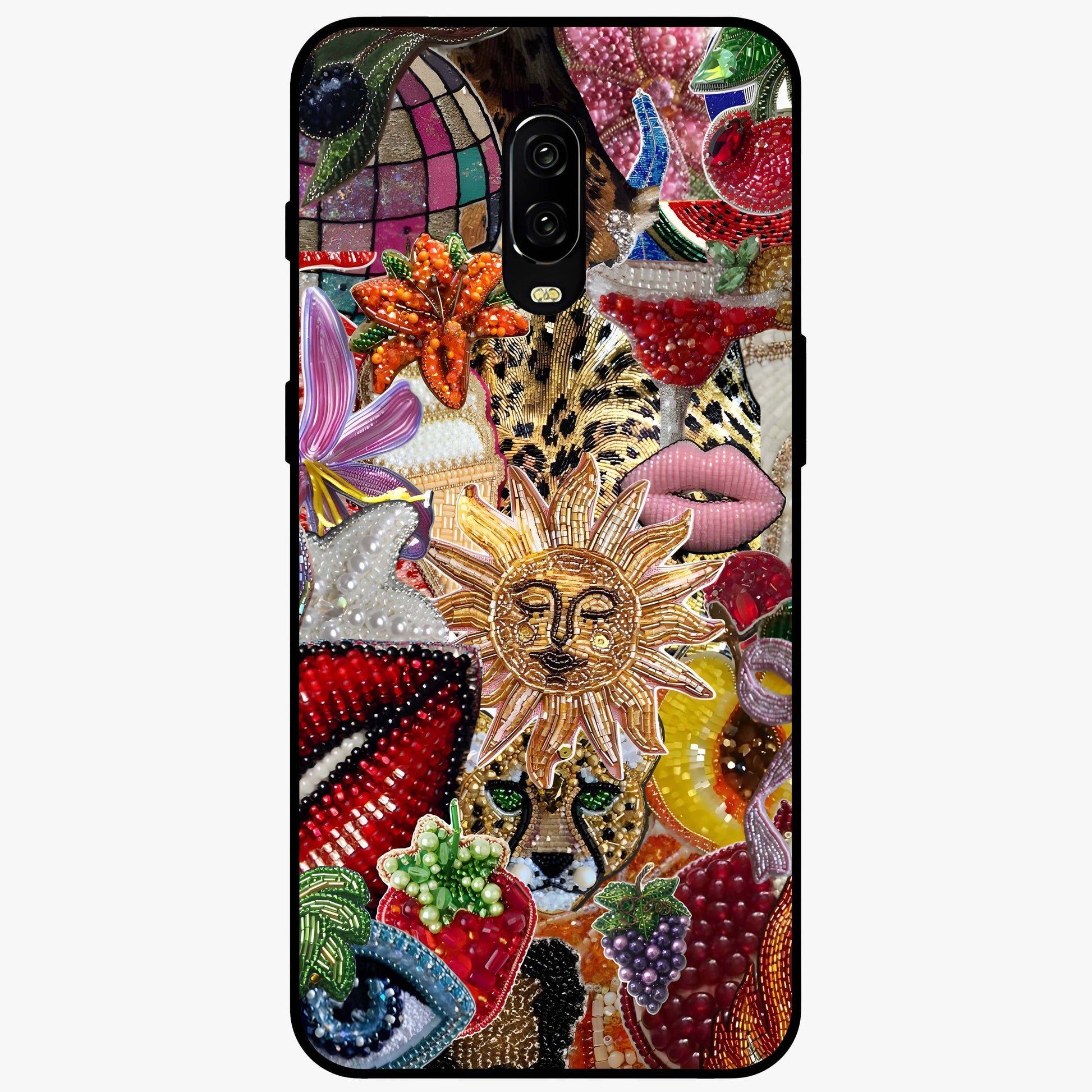 Beaded Fashion Jungle Glass Case showing flat back view with vibrant jungle inspired bead artwork and glossy glass finish.