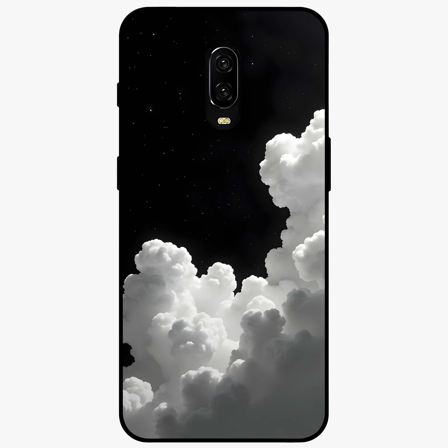 Black Background With White Cloud Glass Case showing flat back view with minimal cloud artwork on dark background and glossy glass finish.