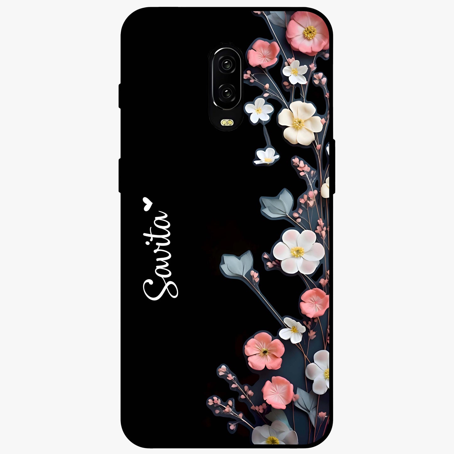 Black Elegance Floral Custom Name Glass Case showing flat back view with elegant floral artwork and personalized name design.