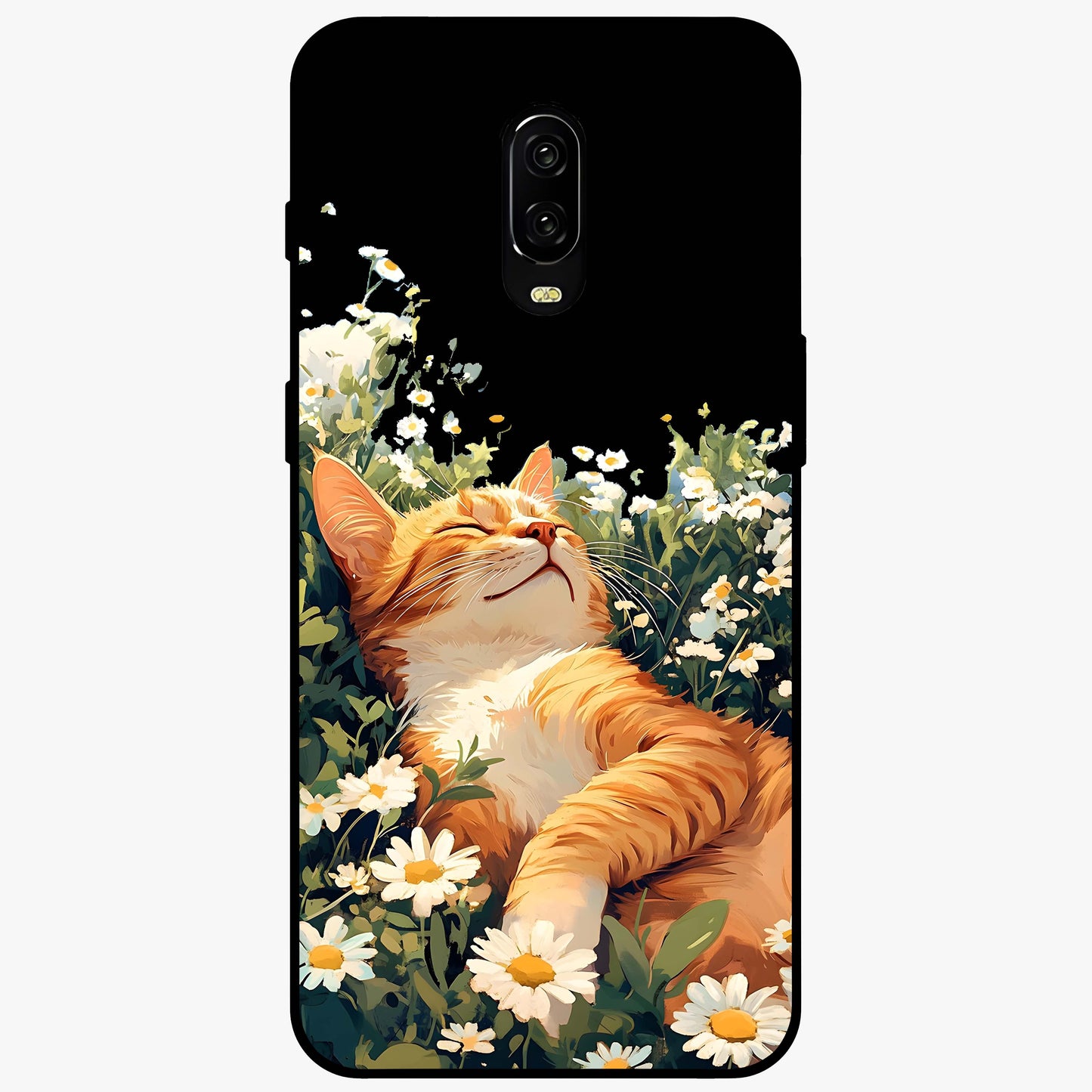 Blissful Bloom Cat Glass Case showing flat back view with cute cat and floral bloom artwork and glossy glass finish.