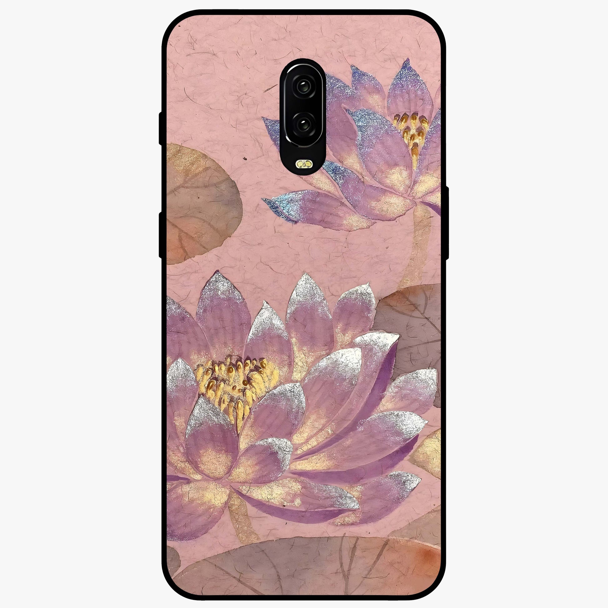 Blossom Mist Lotus Glass Case showing flat back view with serene lotus blossom artwork and glossy glass finish.