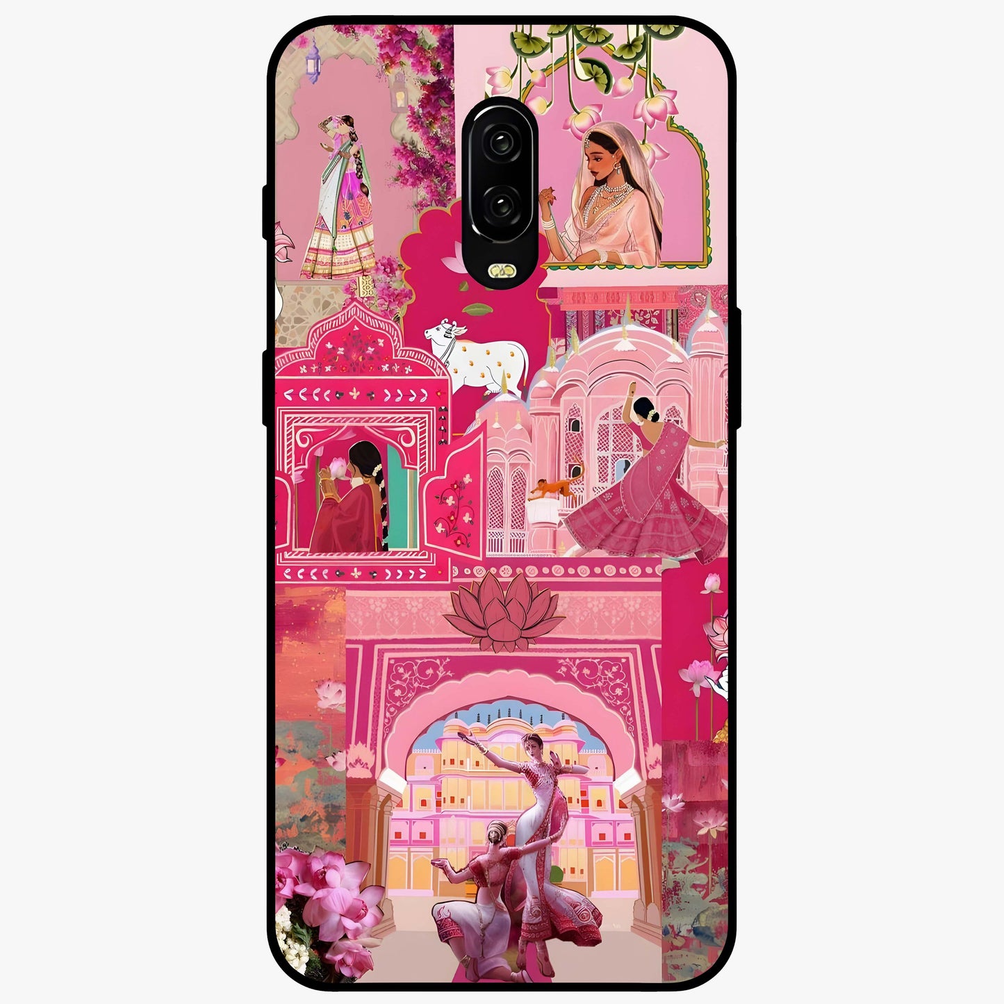 Blossoms of Rajasthan Glass Case showing flat back view with traditional floral artwork inspired by Rajasthan and glossy glass finish.