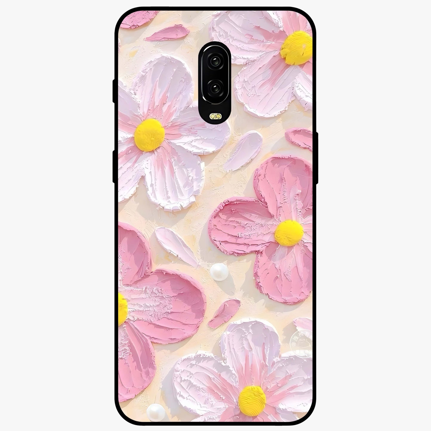 Blush Bloom Texture Glass Case showing flat back view with soft blush floral texture artwork and glossy glass finish.