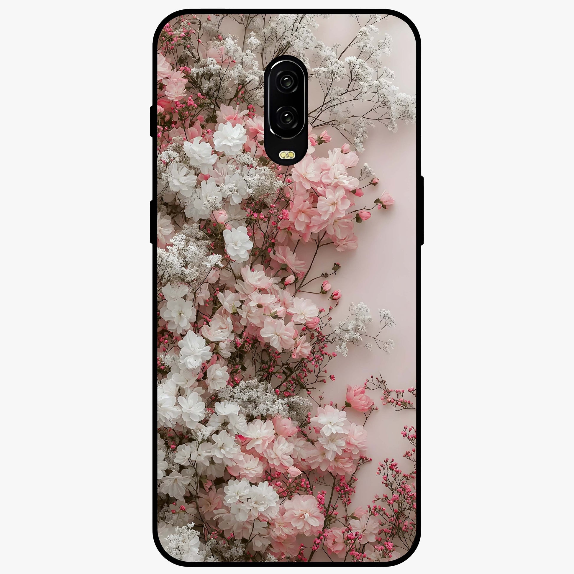 Blush Blossom Cloud Glass Case showing flat back view with dreamy blush cloud blossom artwork and glossy glass finish.