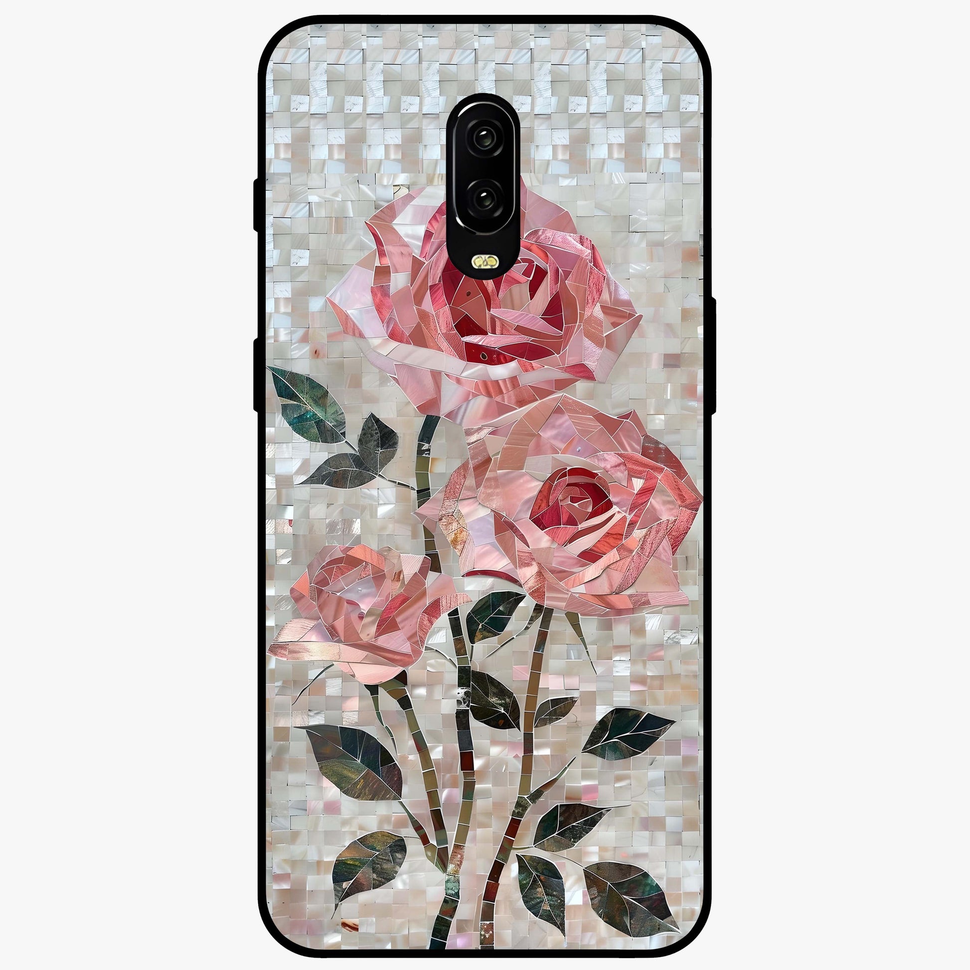 Blush Mosaic Bloom Glass Case showing flat back view with mosaic floral bloom artwork and glossy glass finish.