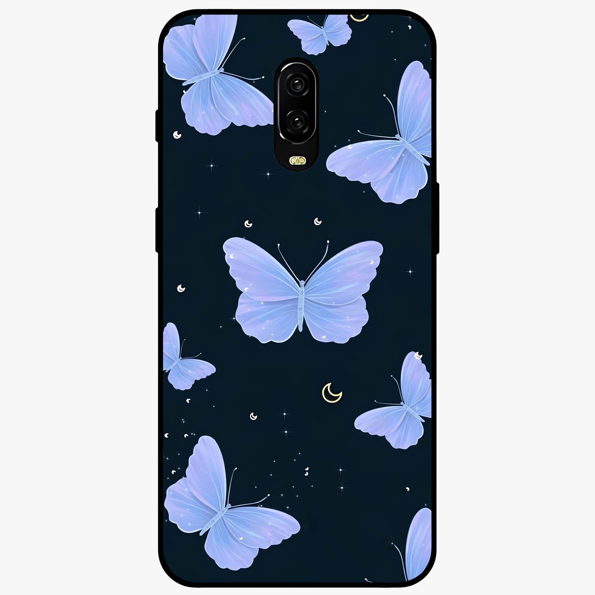 Butterfly With Stars Pattern Glass Case showing flat back view with butterfly and star pattern artwork and glossy glass finish.