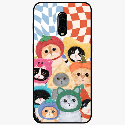 Cats in Fruits Glass Case showing flat back view with playful cat illustrations inside fruit artwork and glossy glass finish.