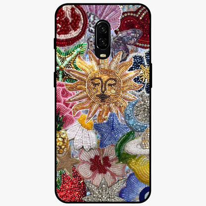 Celestial Floral and Playful Glass Case showing flat back view with floral and celestial themed artwork and glossy glass finish.
