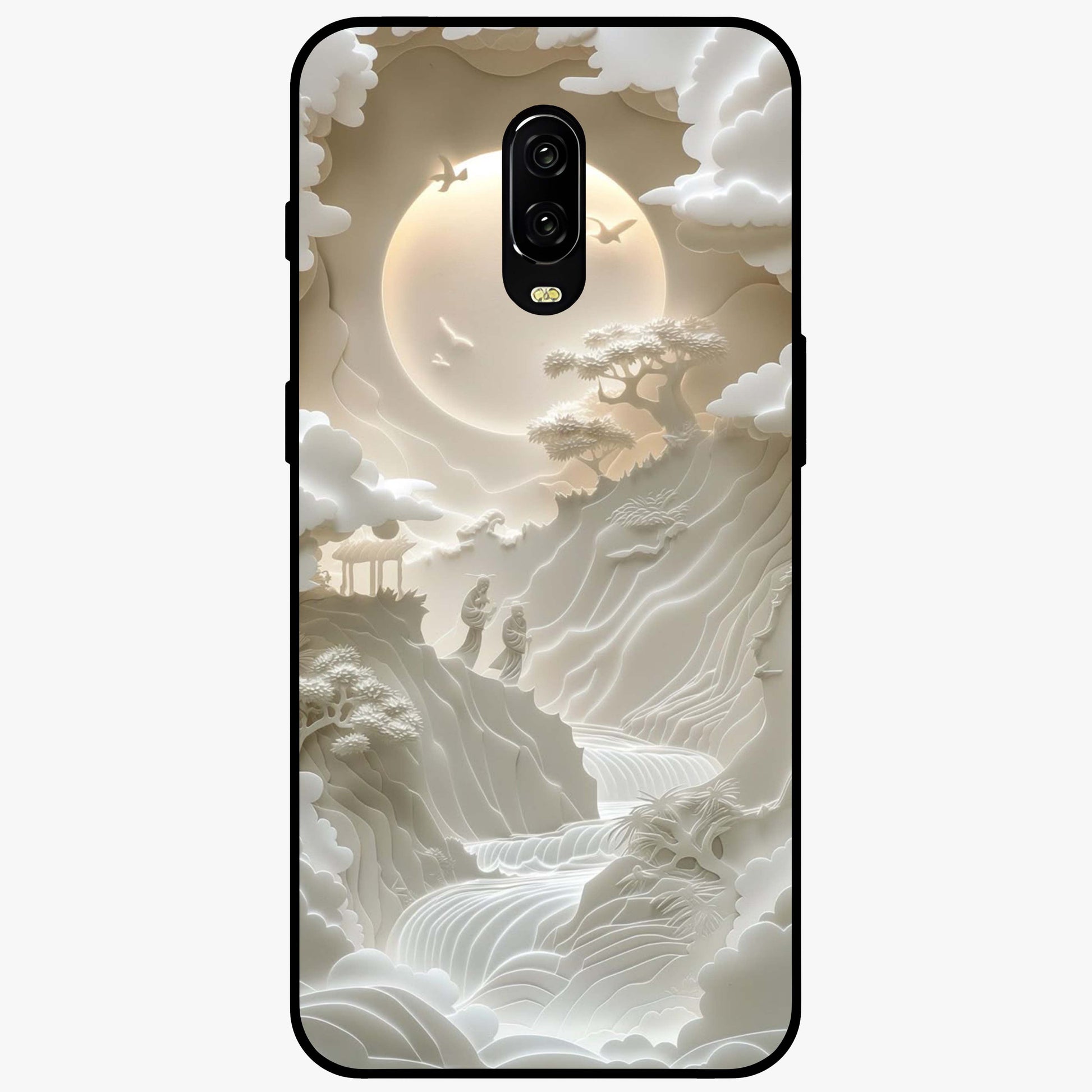 Celestial Origami Glass Case showing flat back view with artistic origami inspired celestial artwork and glossy glass finish.