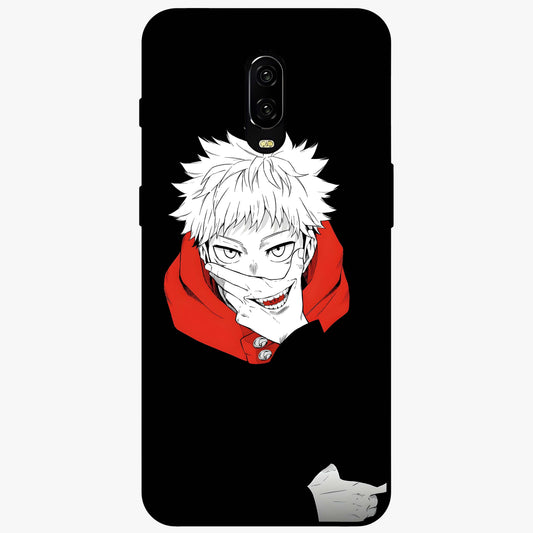 Crimson Chaos Smile Glass Case showing flat back view with bold chaotic smile artwork and glossy glass finish.