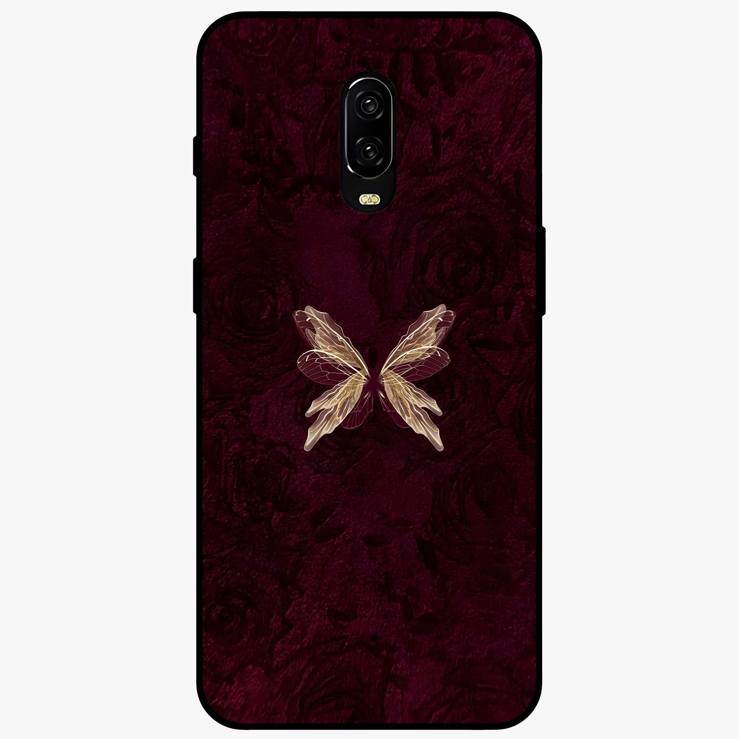 Crimson Fade Butterfly Glass Case showing flat back view with fading butterfly artwork and glossy glass finish.