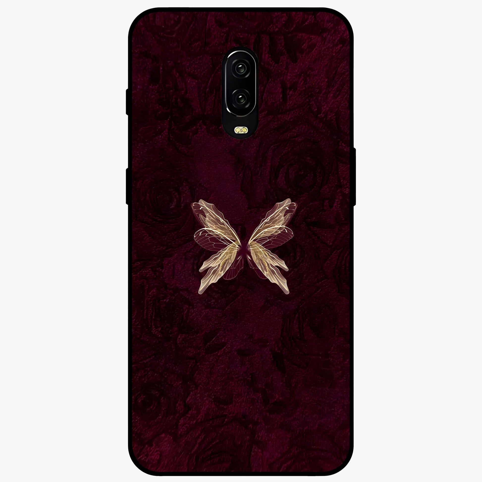 Crimson Fade Butterfly Glass Case showing flat back view with fading butterfly artwork and glossy glass finish.
