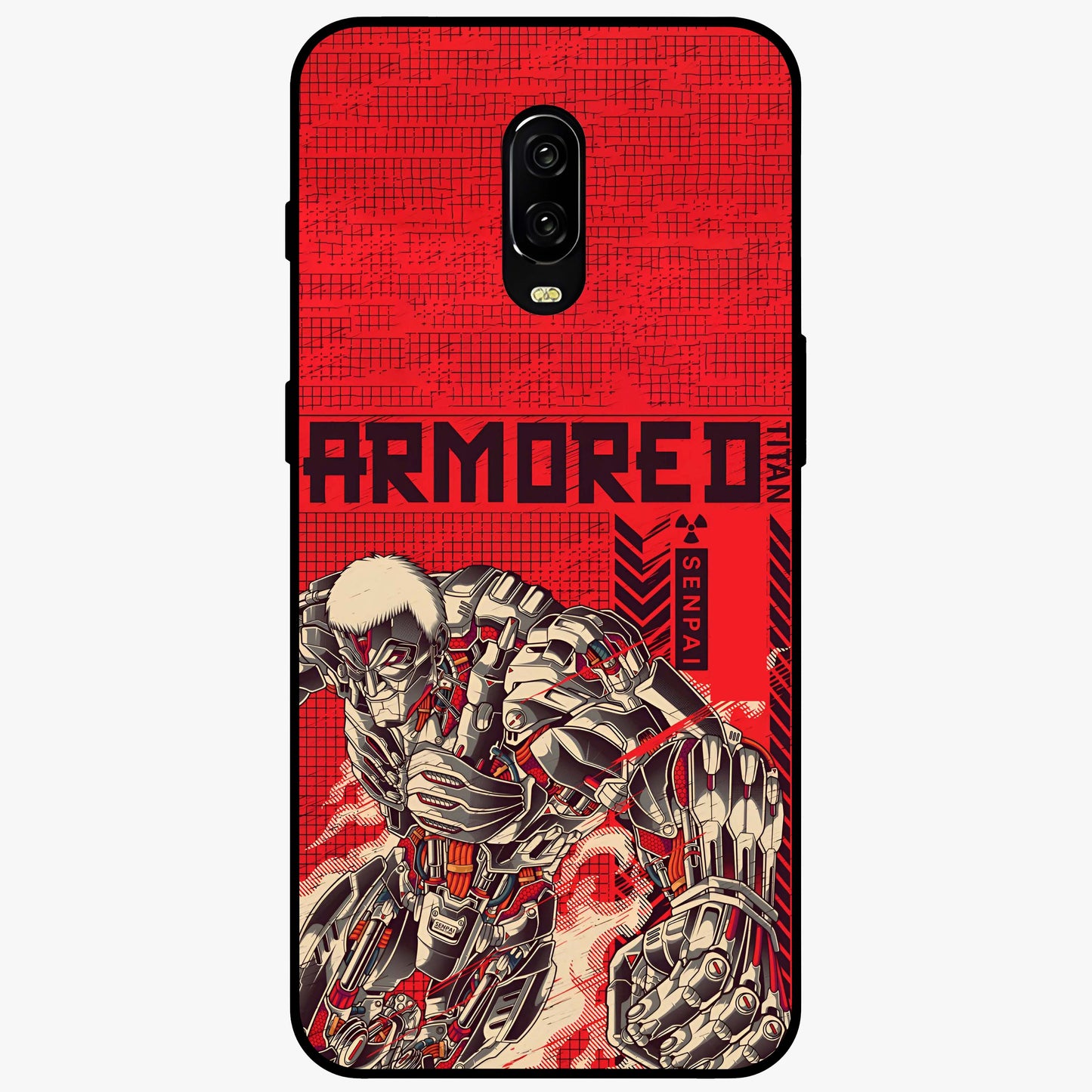 Crimson Mecha Titan Glass Case showing flat back view with powerful mech titan artwork and glossy glass finish.
