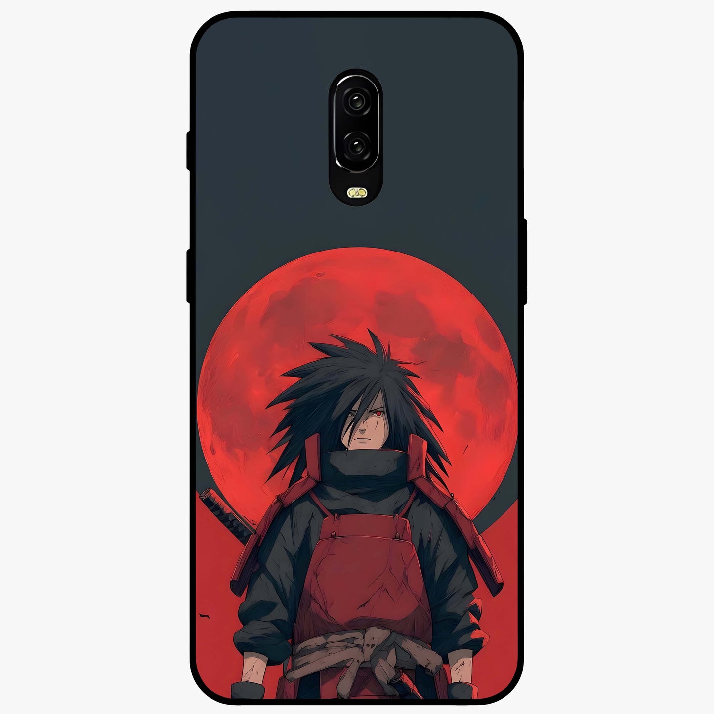Crimson Moon Warlord Glass Case showing flat back view with mystical moon warrior artwork and glossy glass finish.