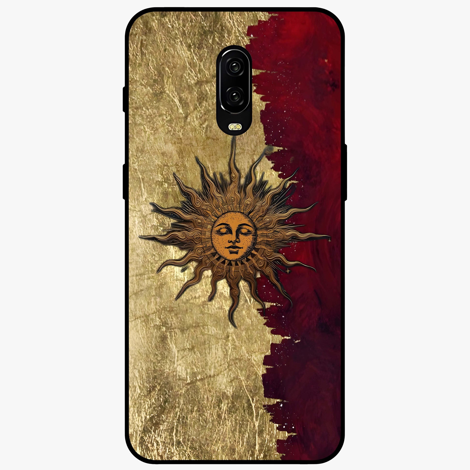 Crimson Sun Majesty Glass Case showing flat back view with radiant sun inspired artwork and glossy glass finish.