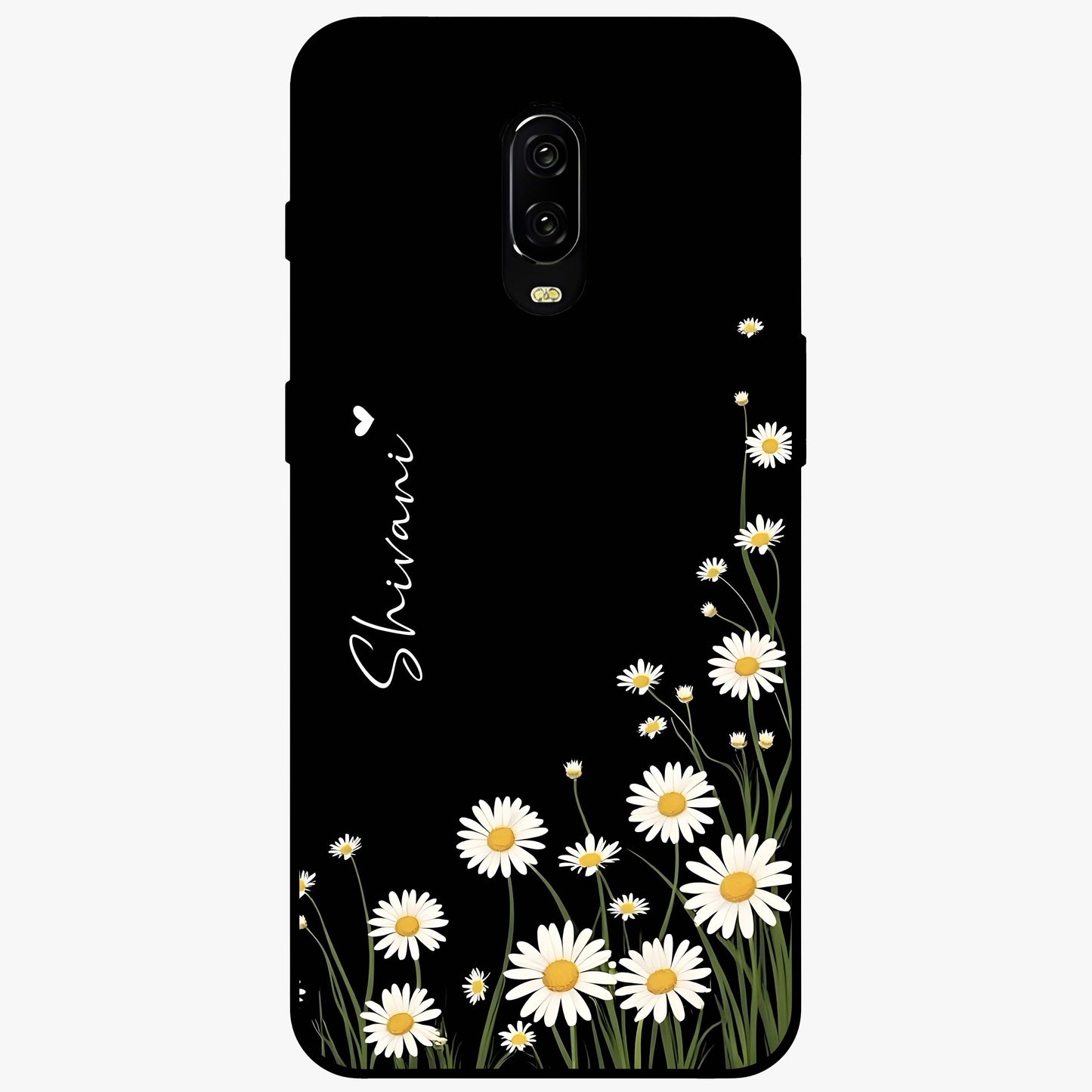 Daisy Cascade Custom Name Glass Case showing flat back view with cascading daisy flowers and personalized name design.