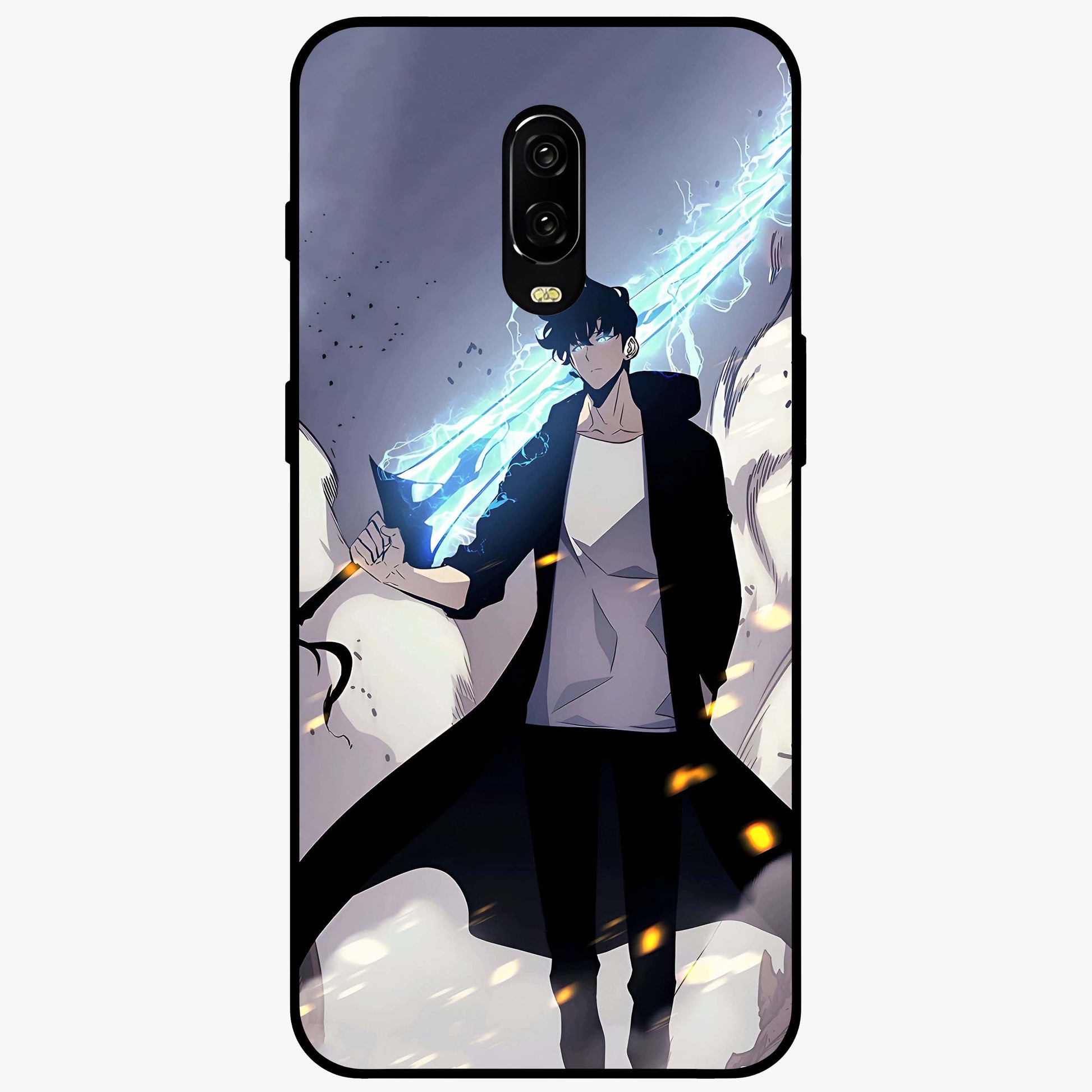 Dark Lightning Anime Warrior Glass Case showing flat back view with intense anime warrior artwork and glossy glass finish.