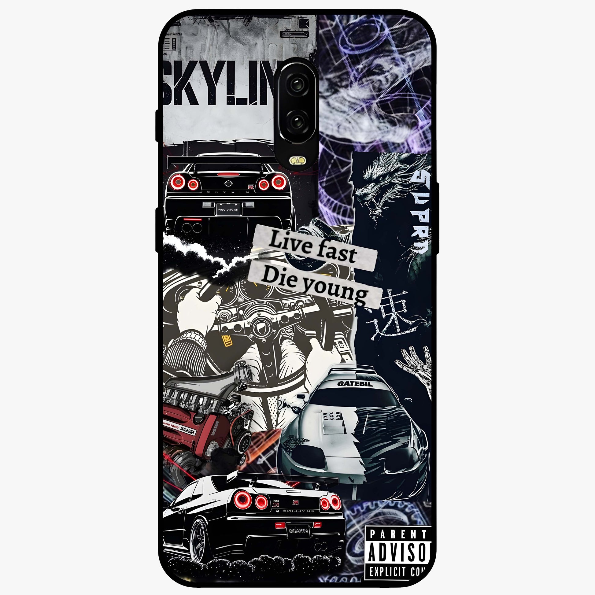 Die Young Glass Case showing flat back view with bold artistic typography design and glossy glass finish.