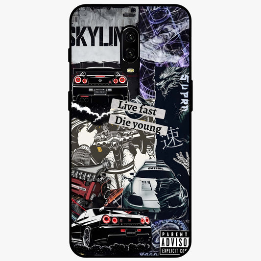 Die Young Glass Case showing flat back view with bold artistic typography design and glossy glass finish.
