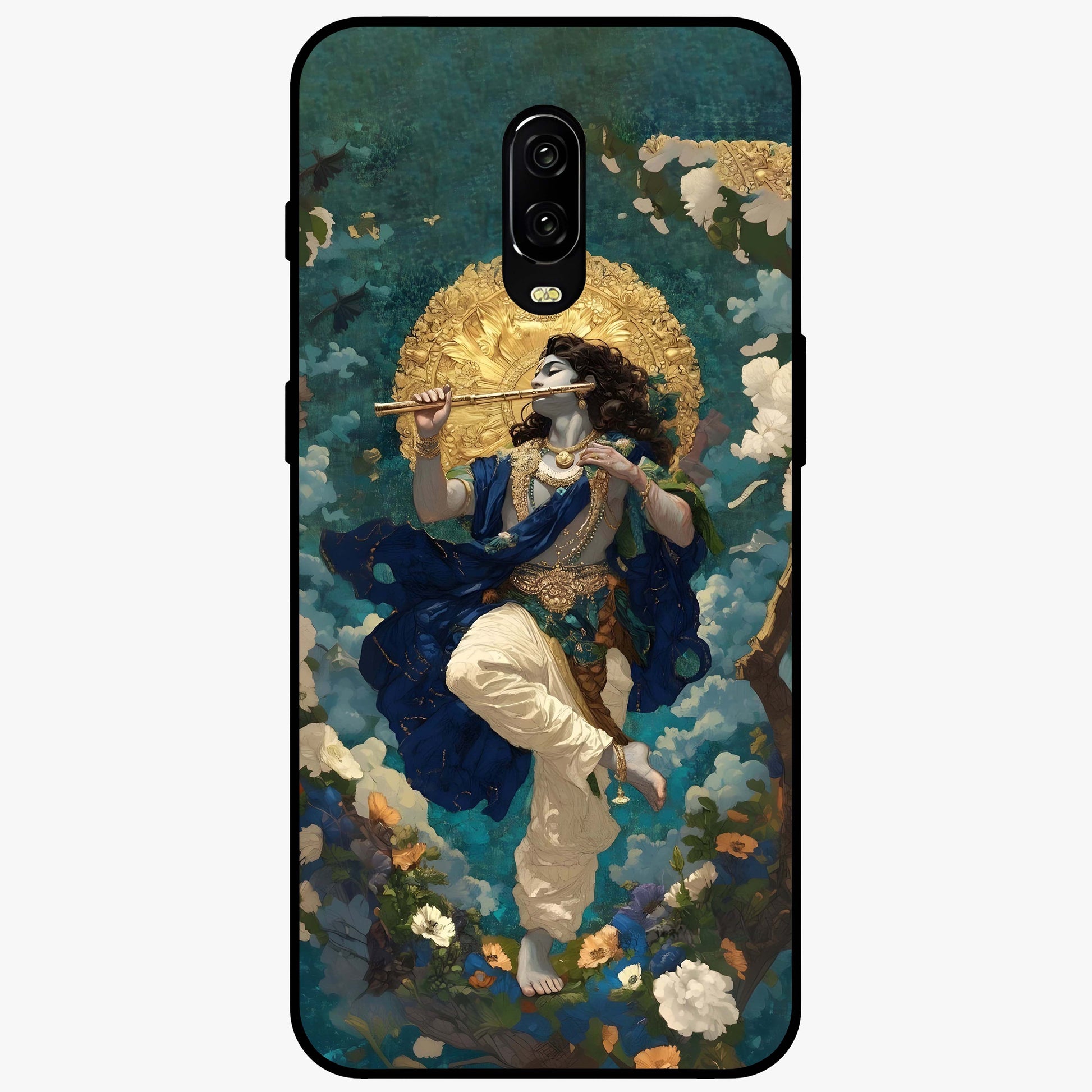 Divine Krishna Art Glass Case showing flat back view with Lord Krishna artwork and glossy glass finish.