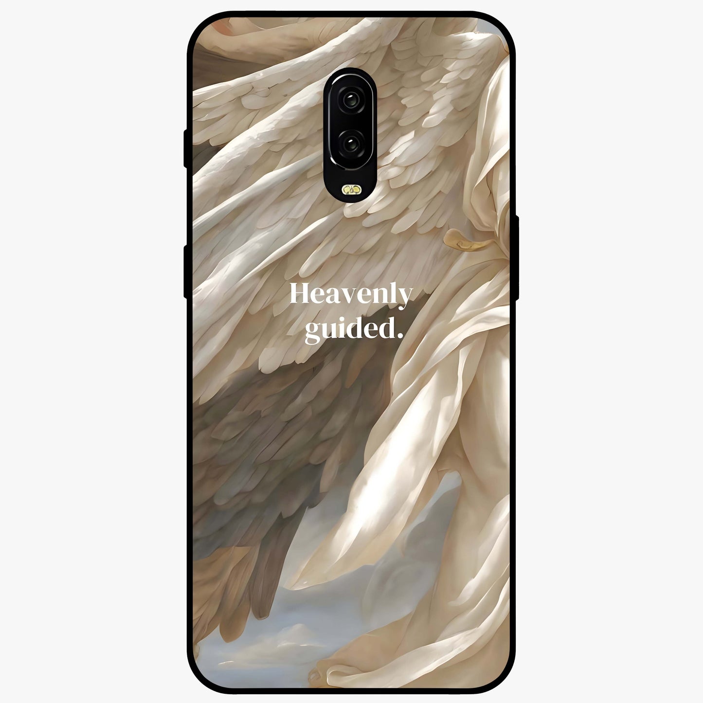 Divine Winged Grace Glass Case showing flat back view with elegant wing inspired artwork and glossy glass finish.