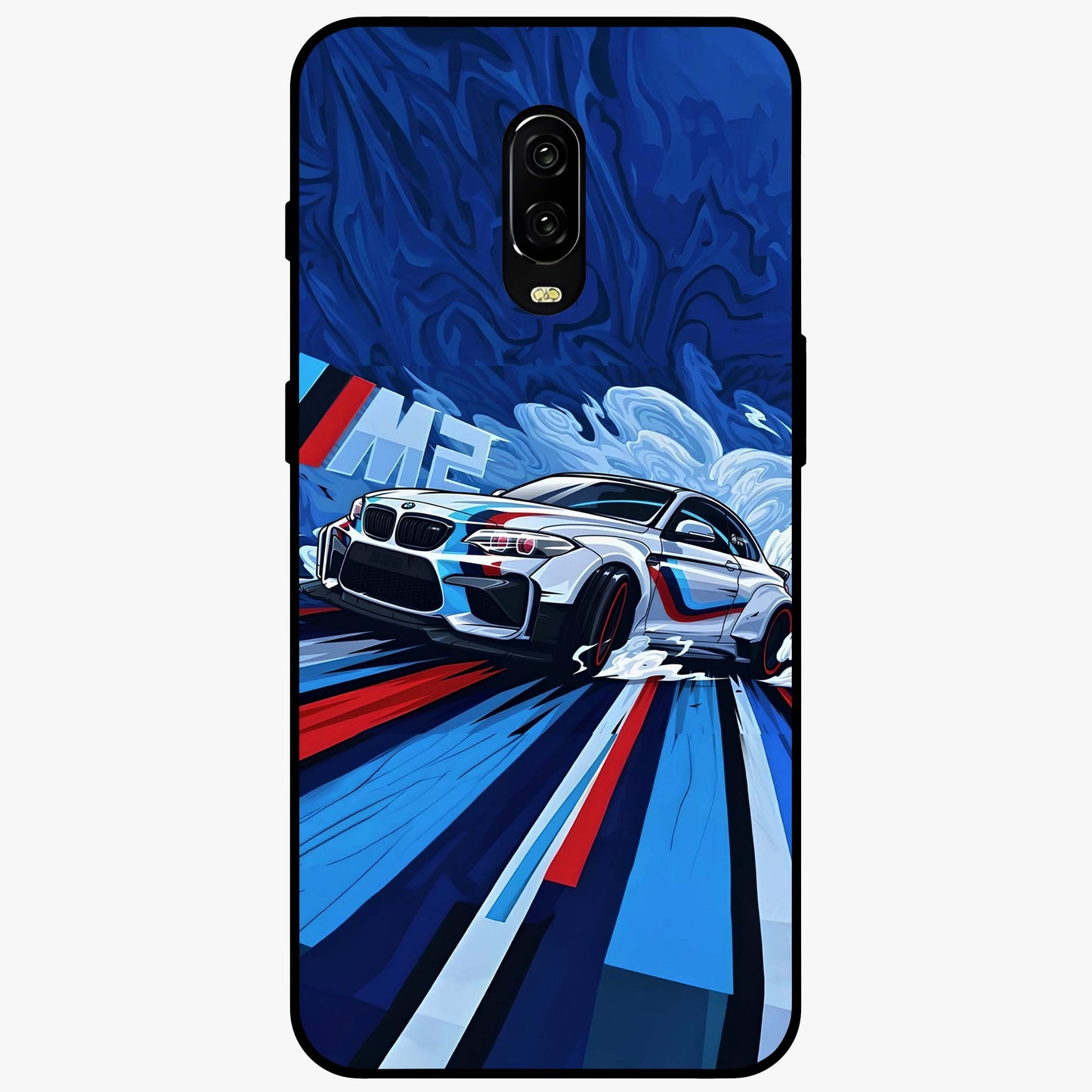 Drift Power Rush Glass Case showing flat back view with dynamic racing inspired artwork and glossy glass finish.