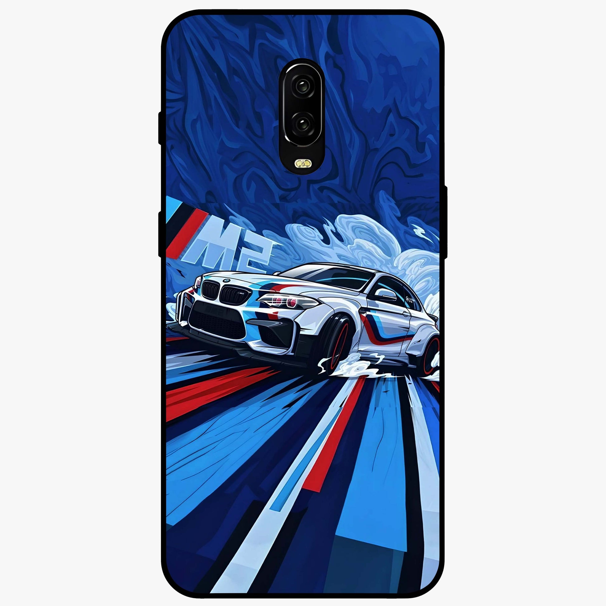 Drift Power Rush Glass Case showing flat back view with dynamic racing inspired artwork and glossy glass finish.