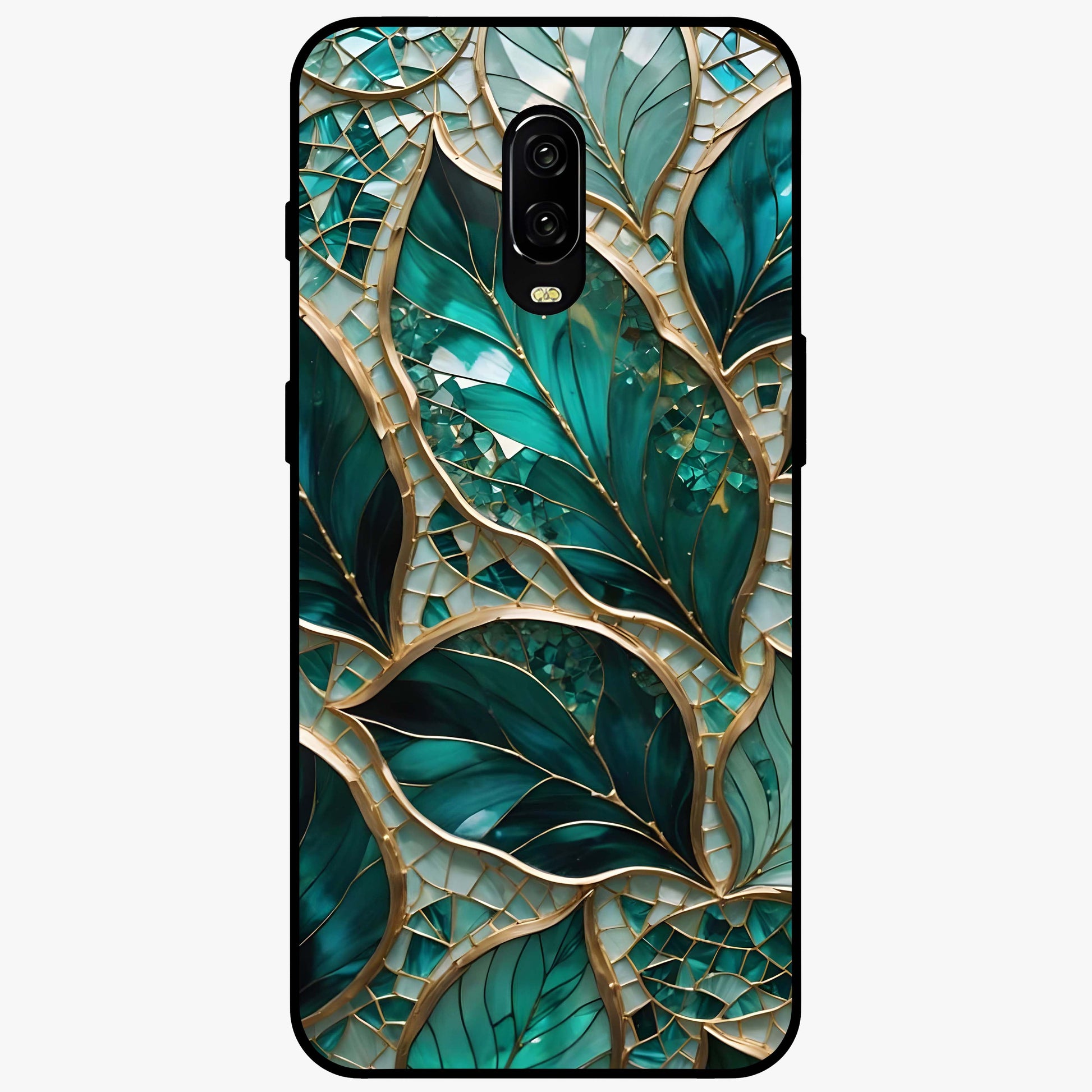Emerald Leaf Glass Glass Case showing flat back view with emerald green leaf artwork and glossy glass finish.