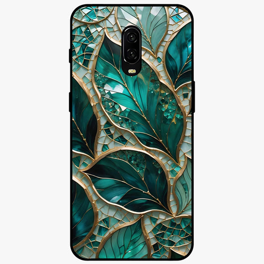 Emerald Leaf Glass Glass Case showing flat back view with emerald green leaf artwork and glossy glass finish.