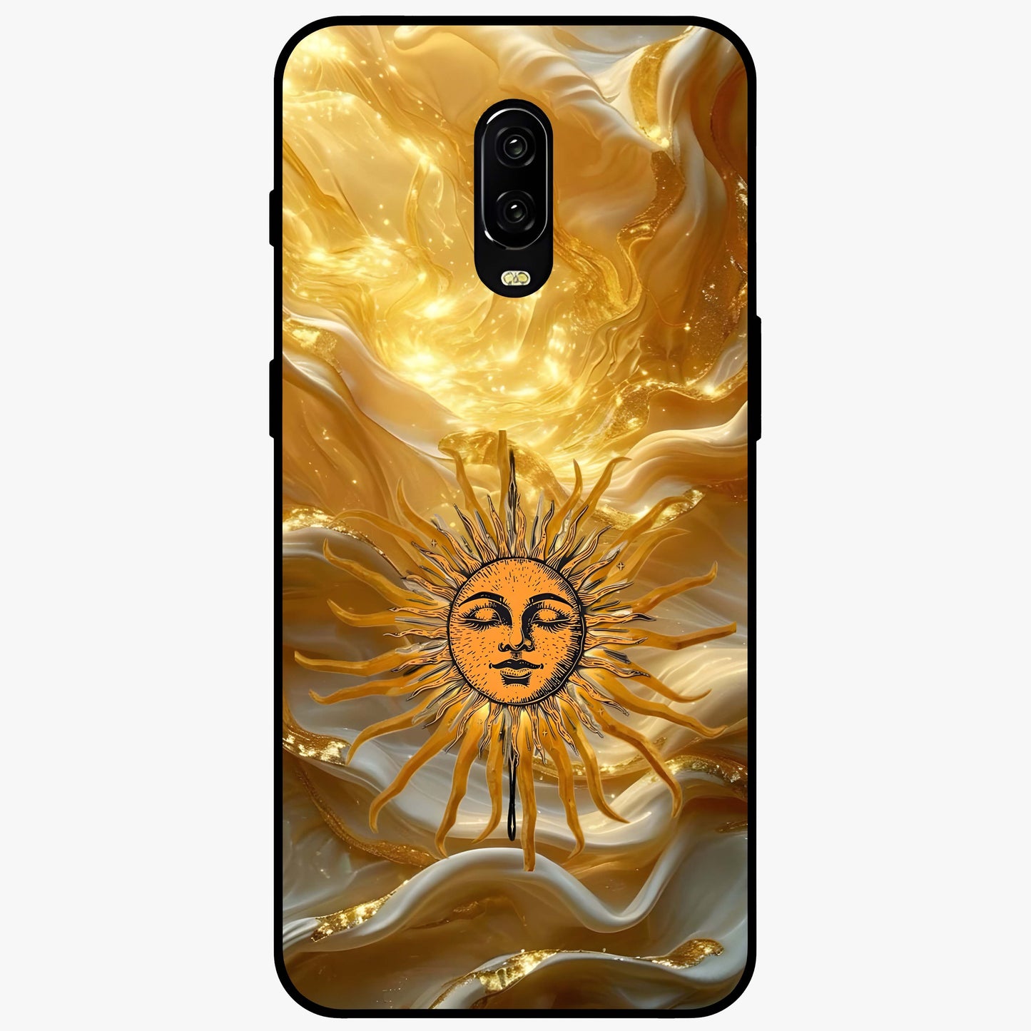 Eternal Golden Glow Glass Case showing flat back view with radiant golden themed artwork and glossy glass finish.