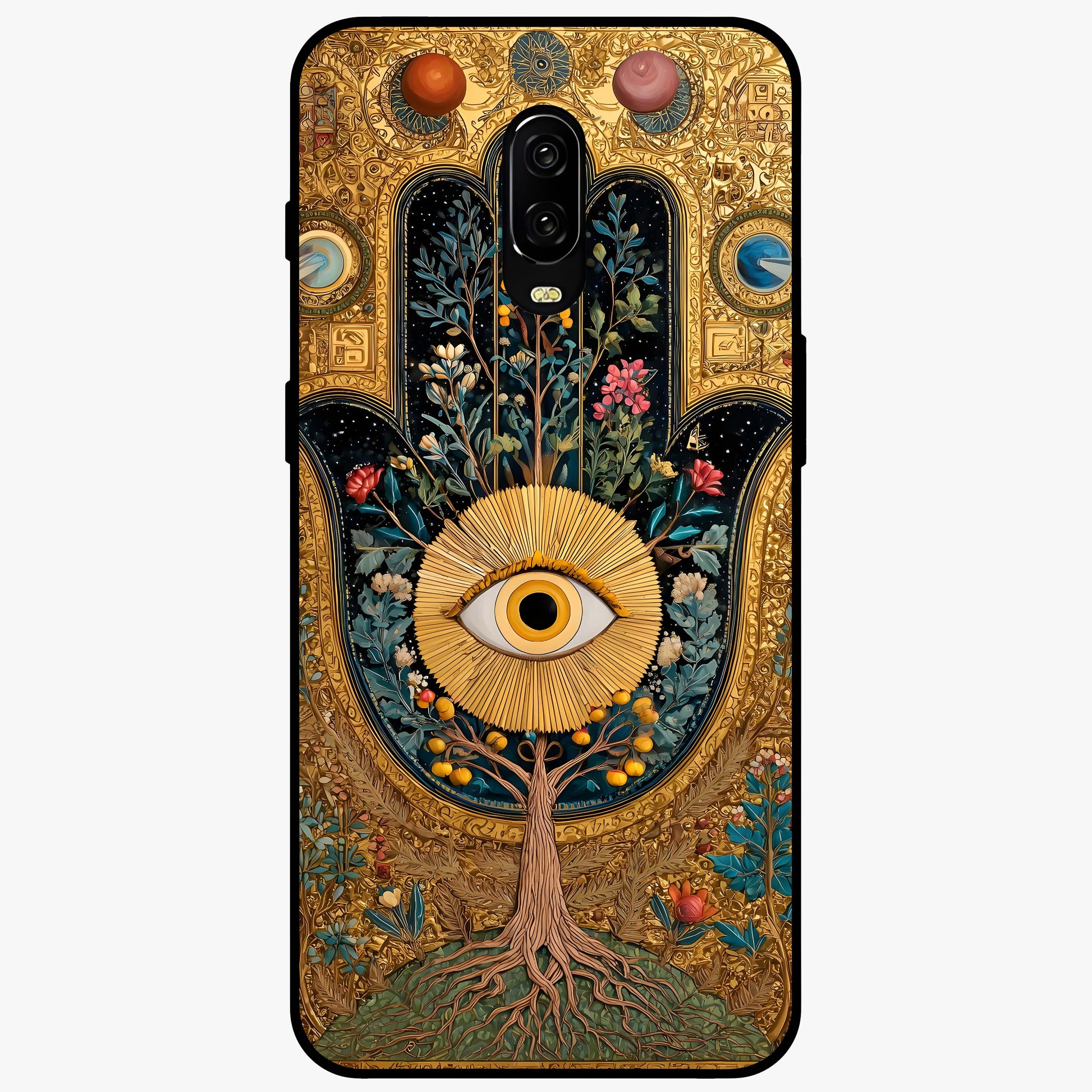 Ethereal Evil Eye Glass Case showing flat back view with mystical evil eye artwork and glossy glass finish.