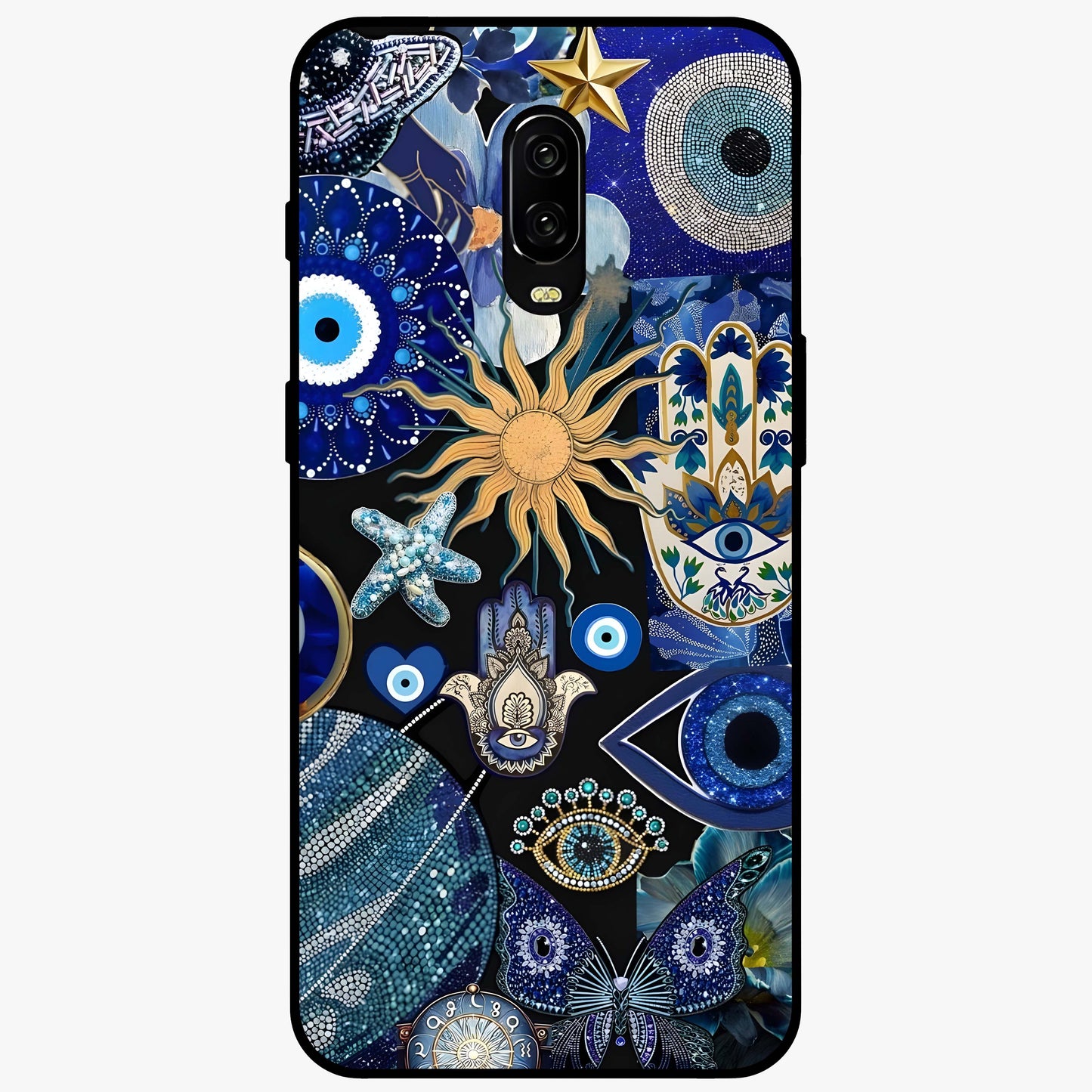 Evil Eye Charm Mix Glass Case showing flat back view with multiple evil eye charms artwork and glossy glass finish.