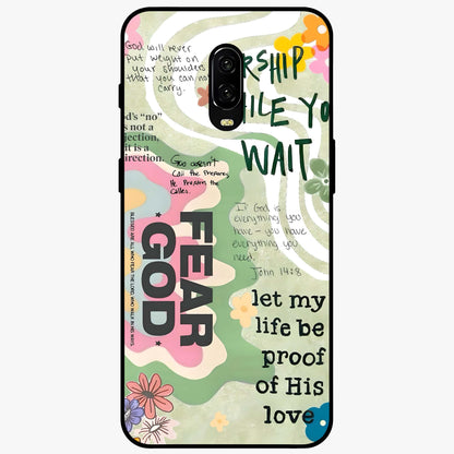 Faith Over Fear Glass Case showing flat back view with motivational typography artwork and glossy glass finish.