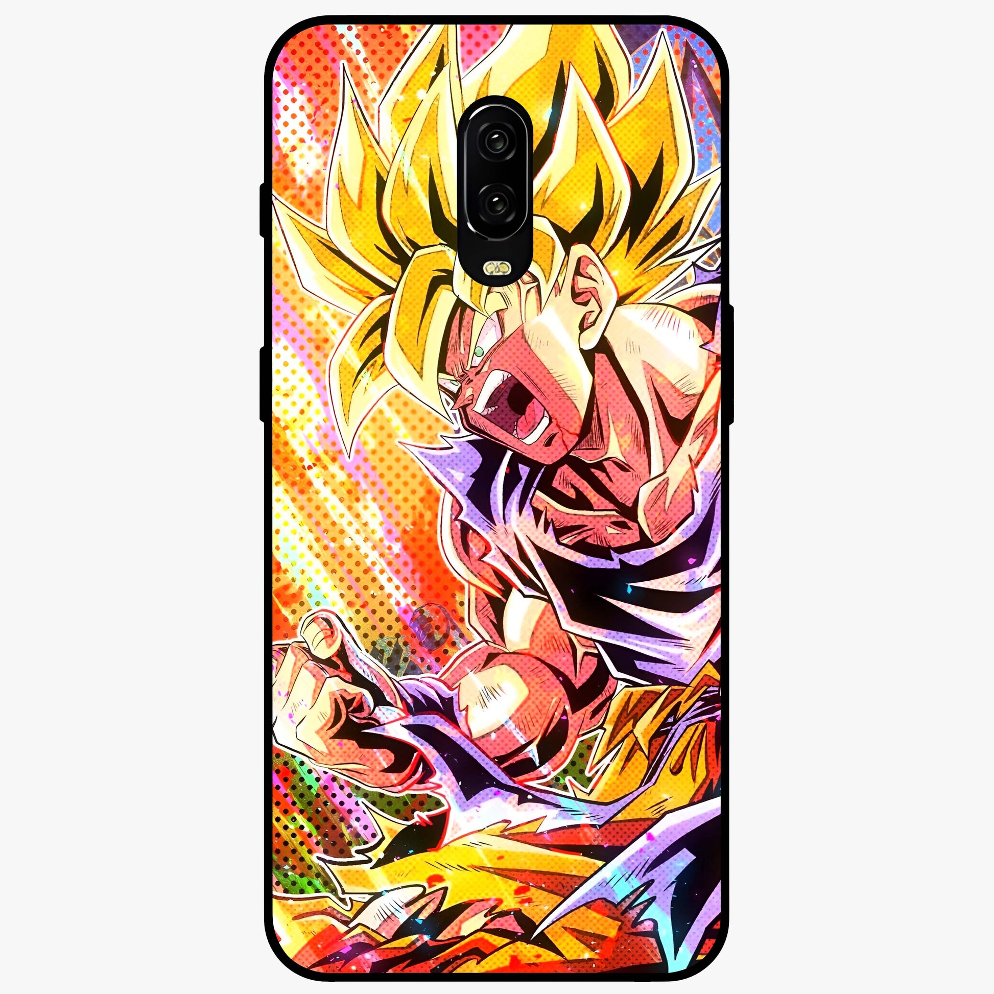 Firing Goku Glass Case showing flat back view with powerful anime inspired artwork and glossy glass finish.