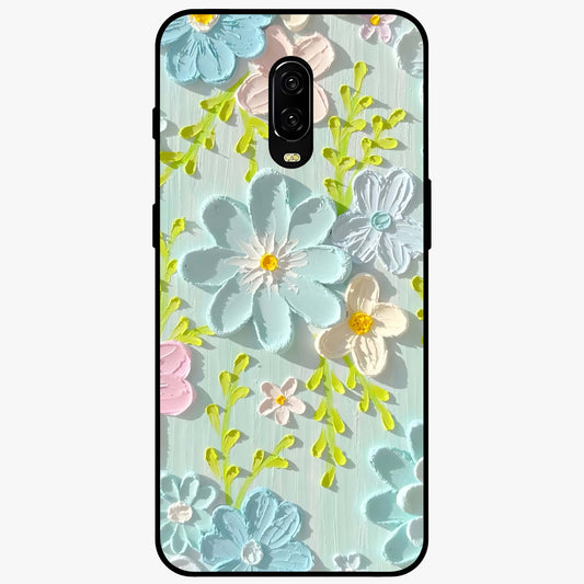 Frosted Petal Garden Glass Case showing flat back view with soft frosted floral artwork and glossy glass finish.