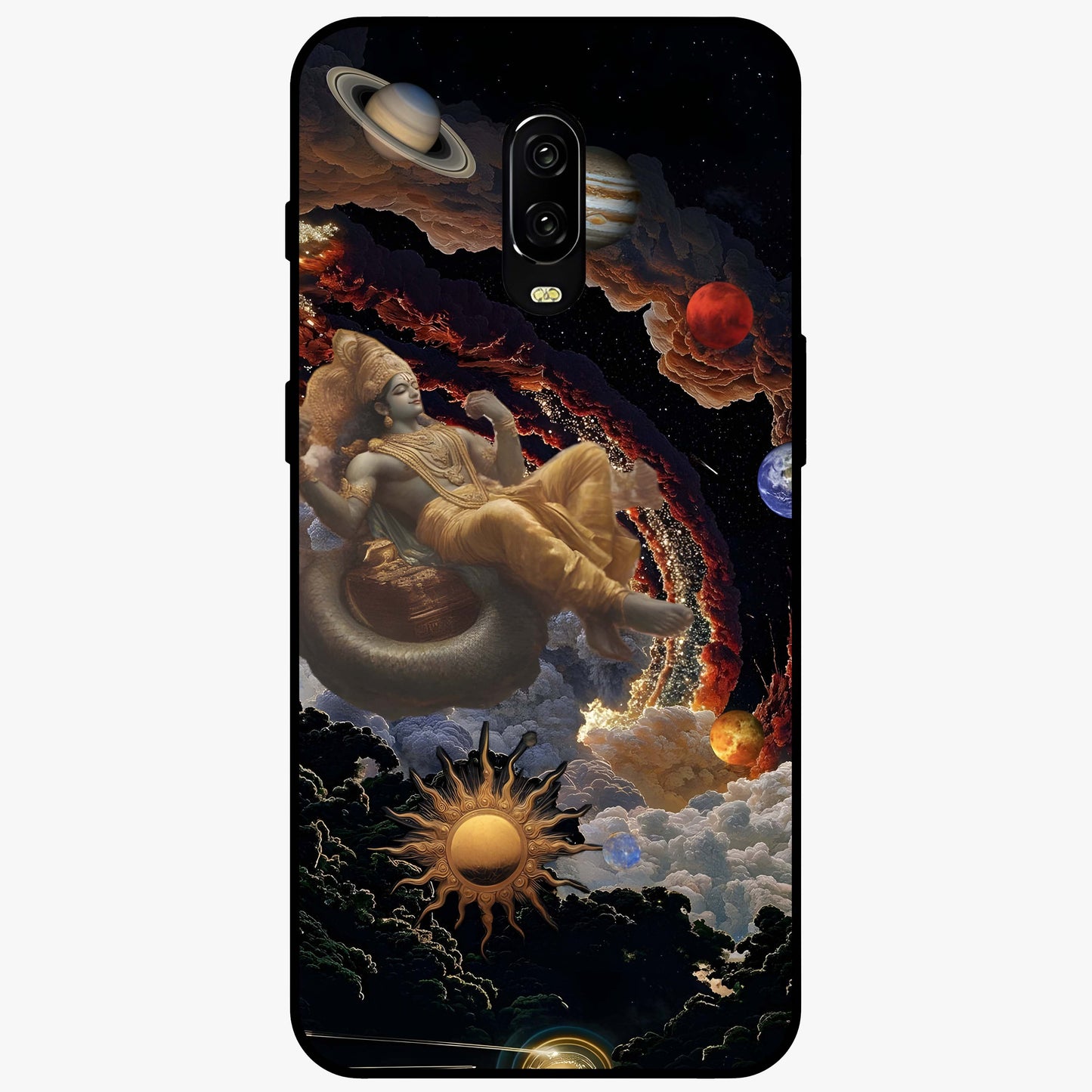Galactic Divine God Glass Case showing flat back view with divine cosmic themed artwork and glossy glass finish.