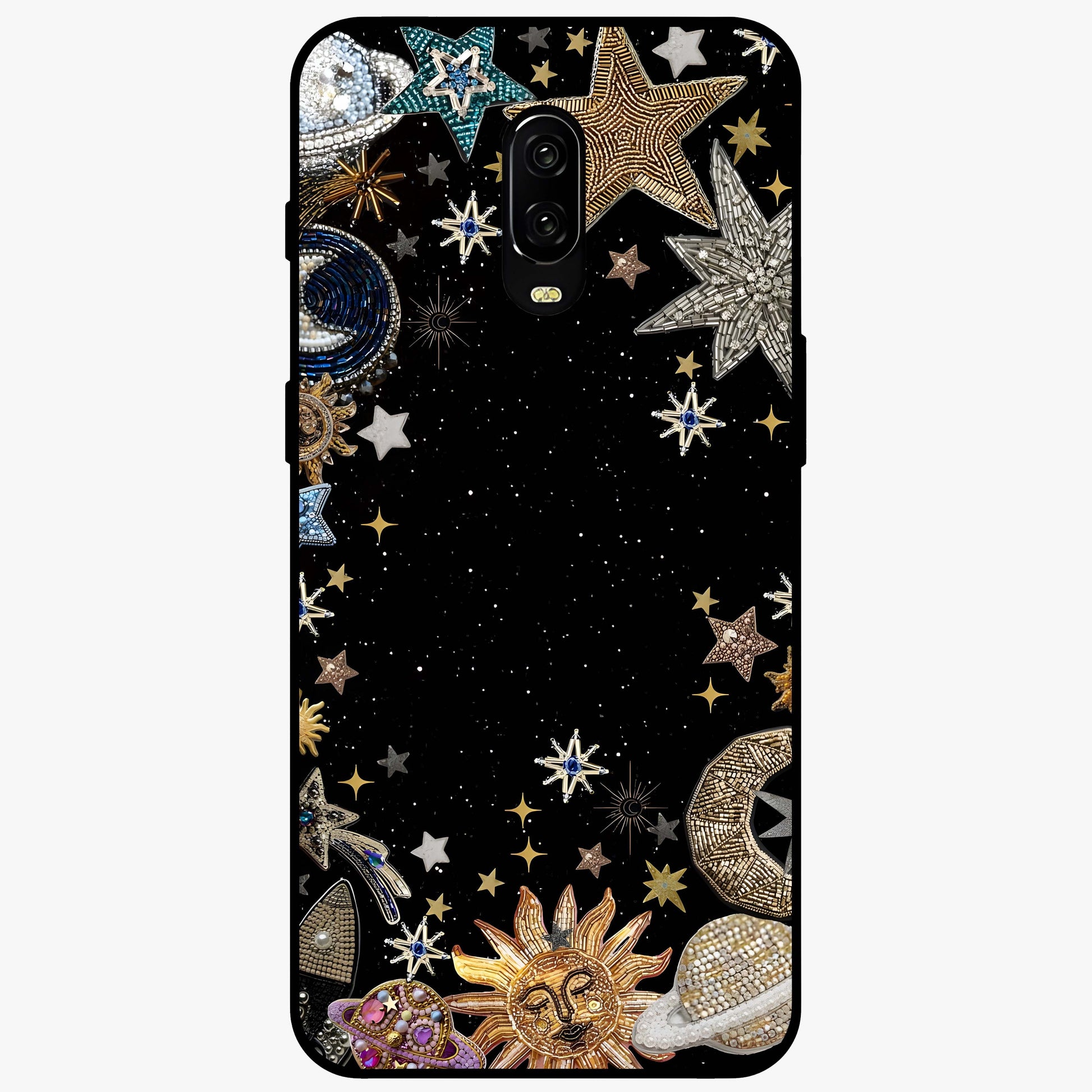 Galactic Jewel Stars Glass Case showing flat back view with sparkling star jewel artwork and glossy glass finish.
