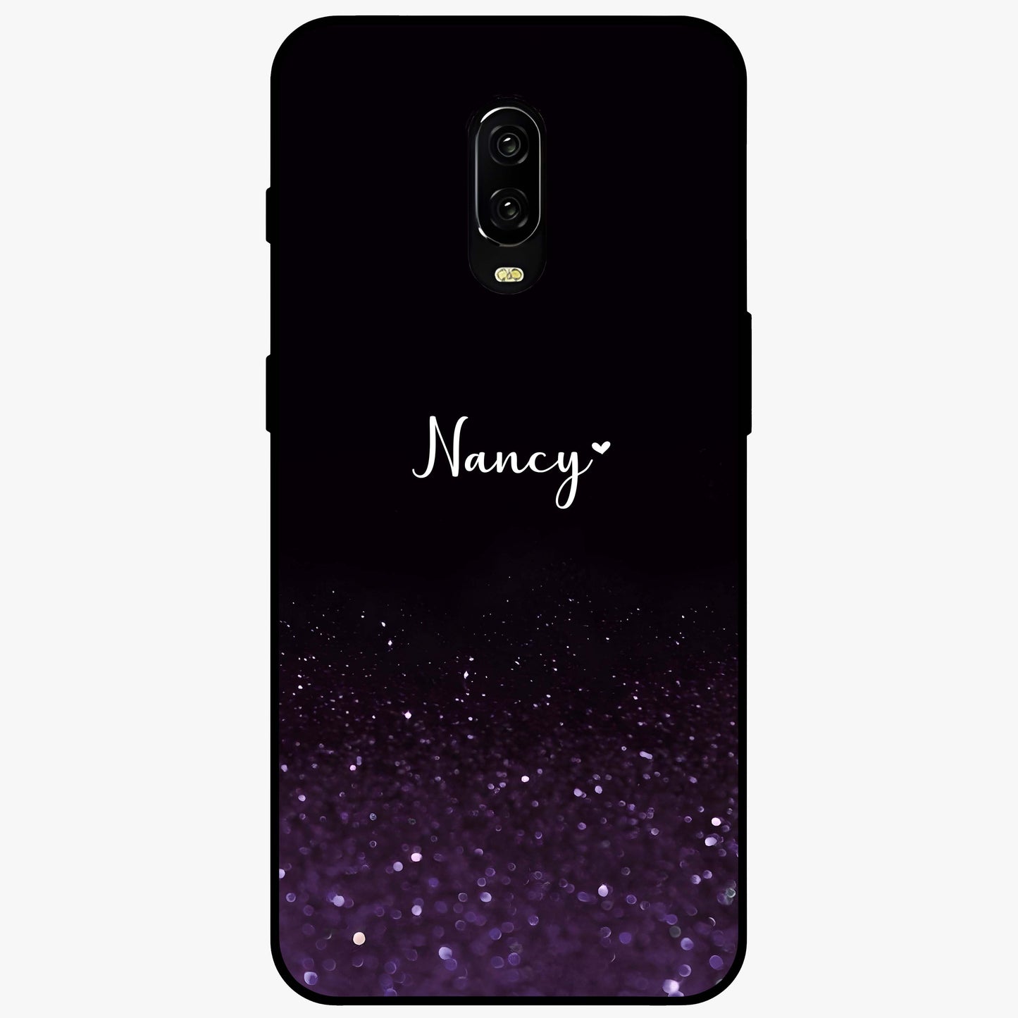 Glittery Purple Bokeh Custom Name Glass Case showing flat back view with purple bokeh sparkle artwork and personalized name design.