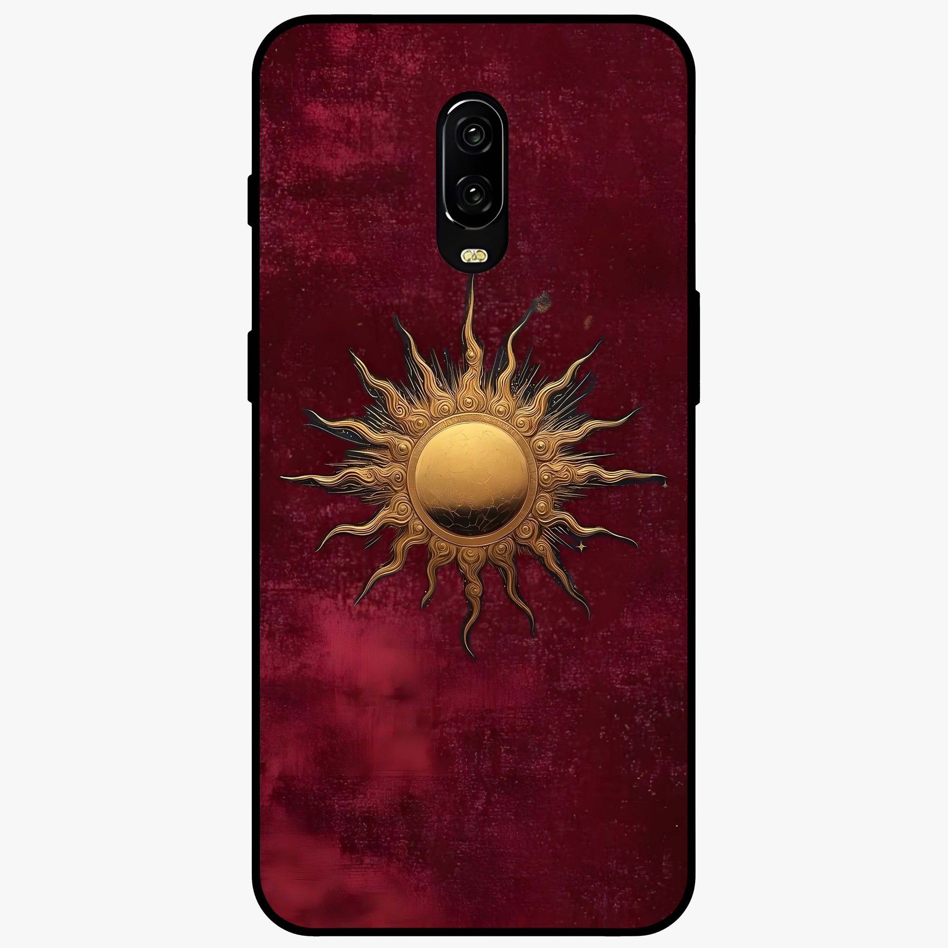 Golden Celestial Charm Glass Case showing flat back view with golden celestial charm artwork and glossy glass finish.