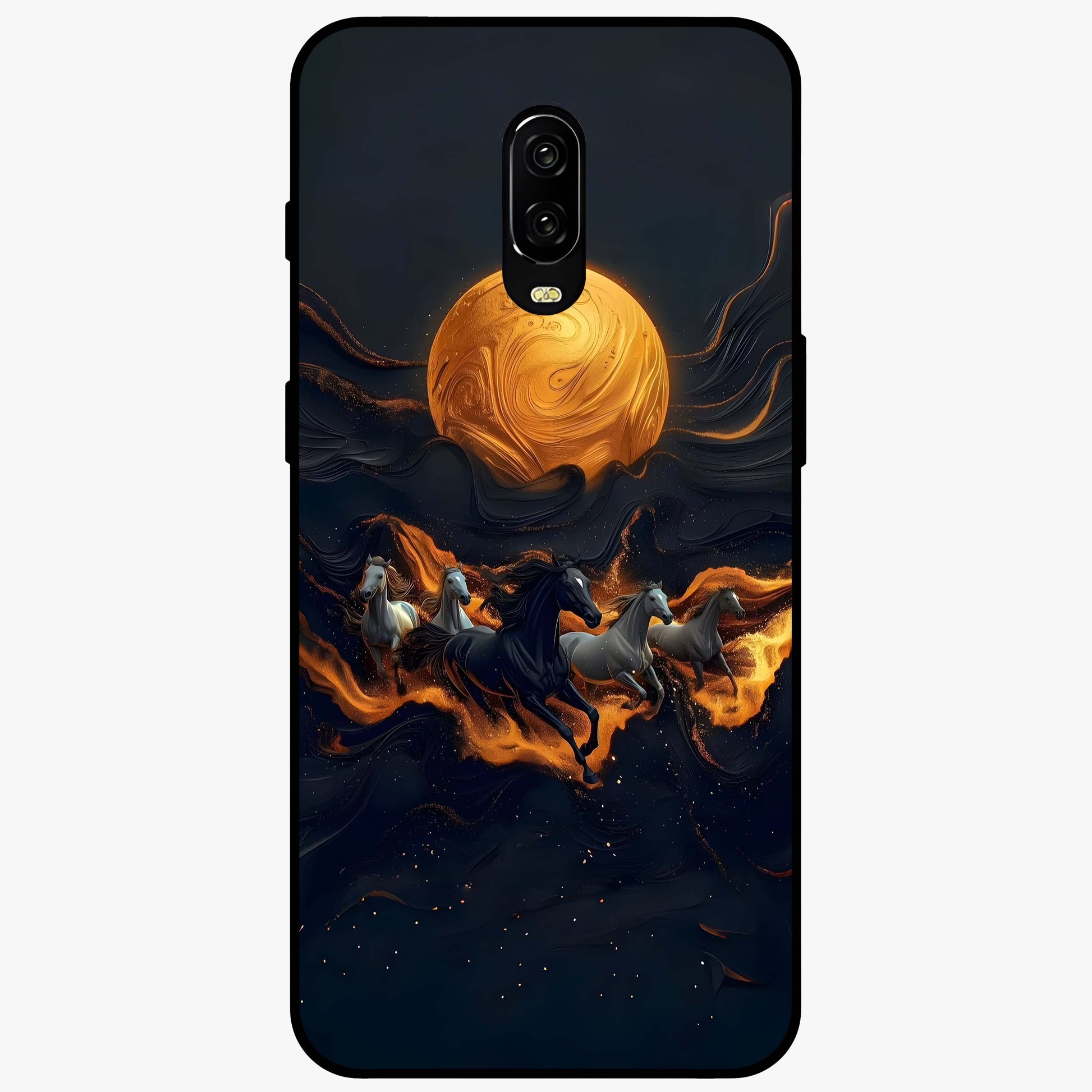 Golden Sun Majesty Glass Case showing flat back view with radiant golden sun artwork and glossy glass finish.