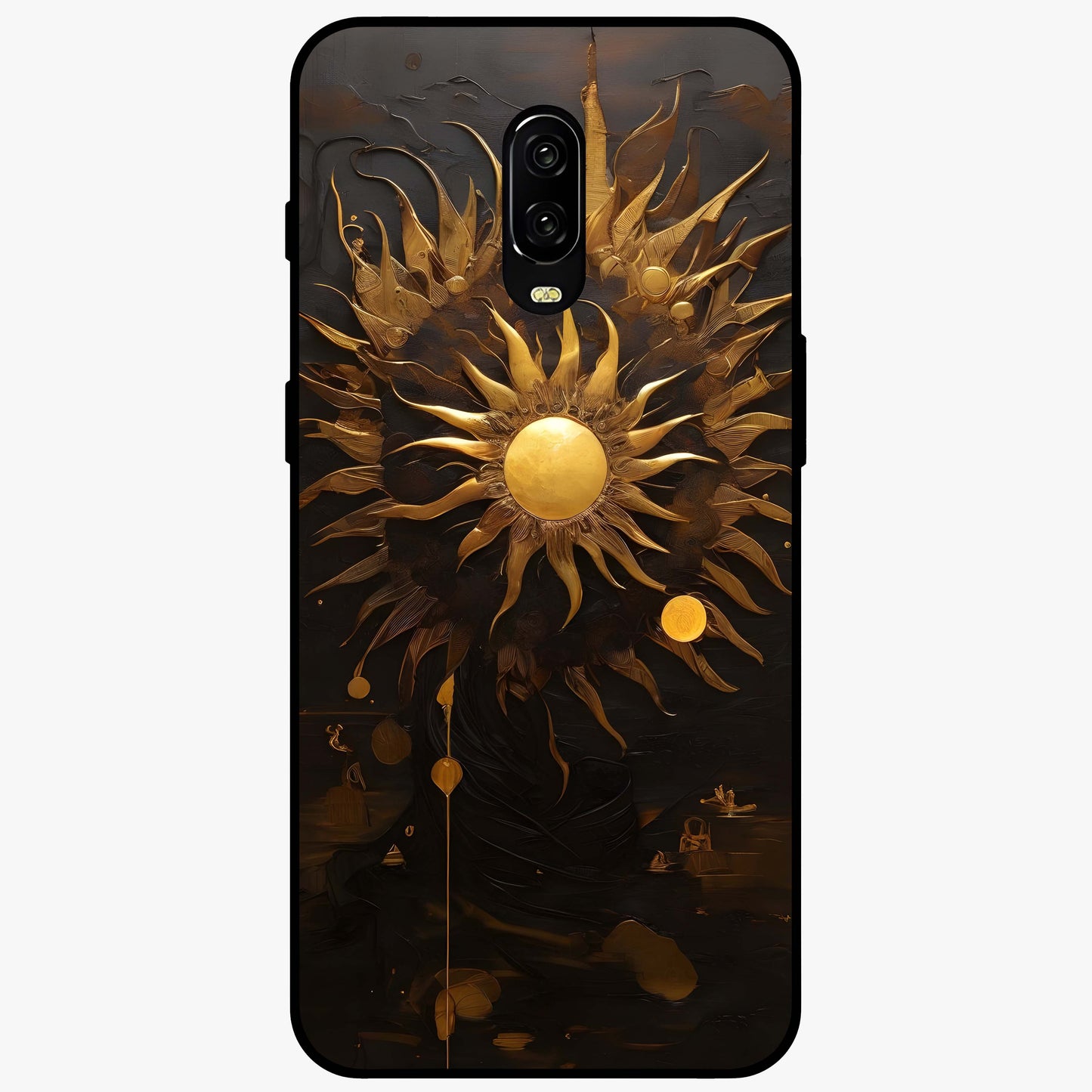 Golden Sun Minimalism Glass Case showing flat back view with minimal golden sun artwork and glossy glass finish.