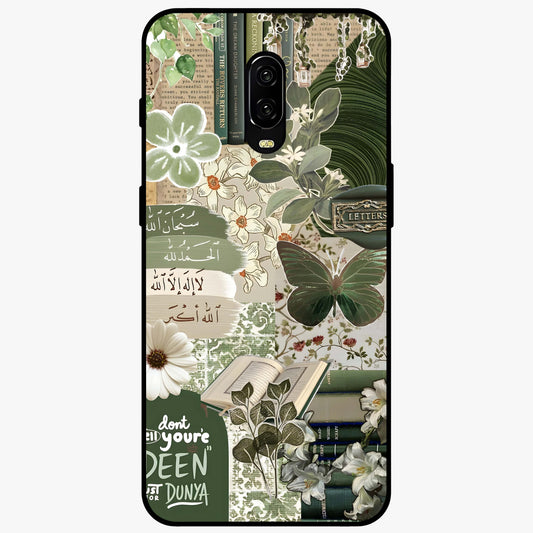 Green Islamic Books Quotes Glass Case showing flat back view with Islamic quotes and book themed artwork and glossy glass finish.