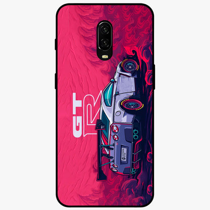 GT-R Car Pattern Glass Case showing flat back view with sporty car inspired pattern artwork and glossy glass finish.