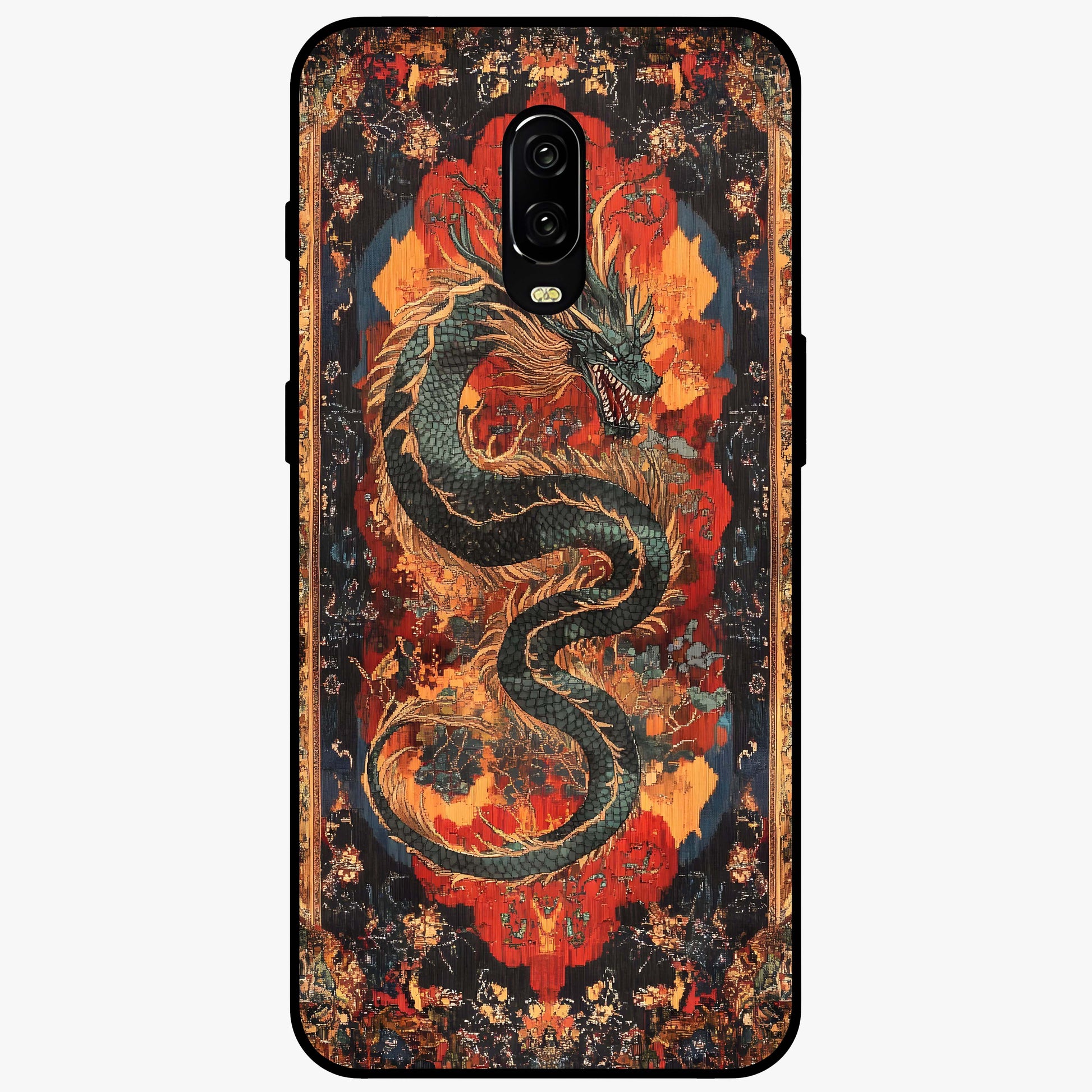 Inferno Dragon Soul Glass Case showing flat back view with fiery dragon artwork and glossy glass finish.