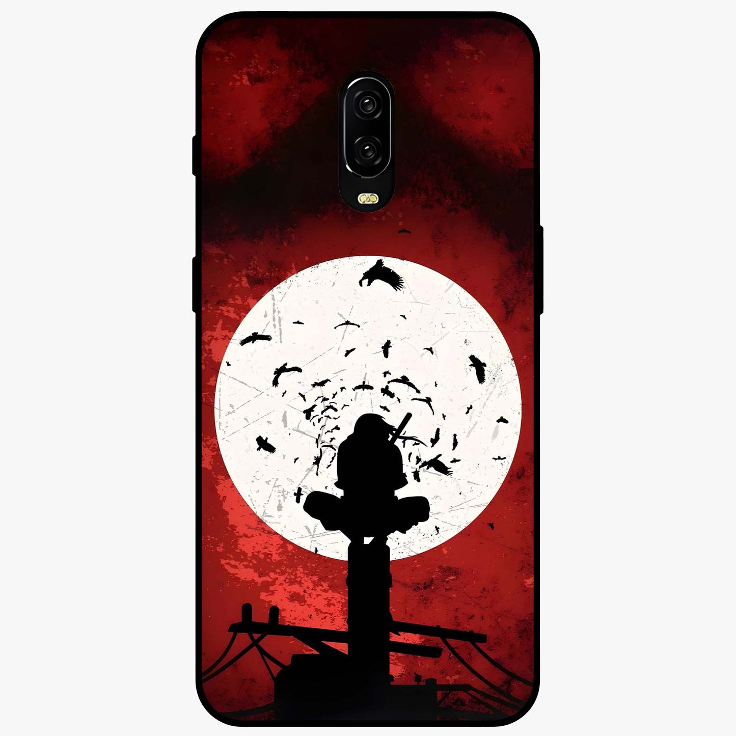 Itachi Sharingan Glass Case showing flat back view with powerful anime eye artwork and glossy glass finish.