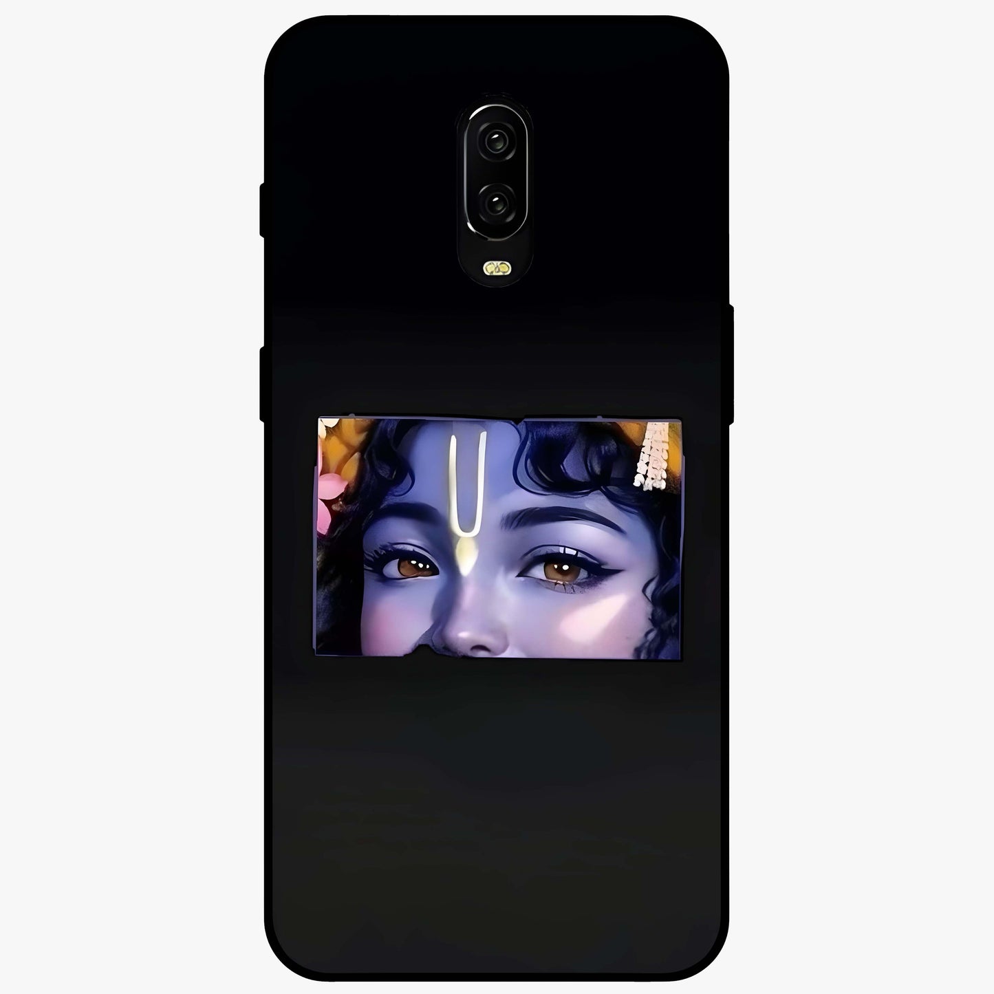 Krishna Divine Embrace Glass Case showing flat back view with Lord Krishna devotional artwork and glossy glass finish.