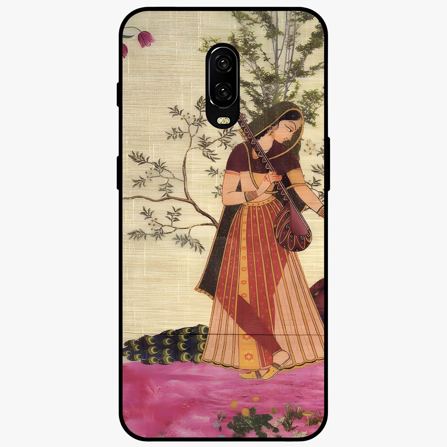 Lady With Veena Art Glass Case showing flat back view with elegant woman playing veena artwork and glossy glass finish.