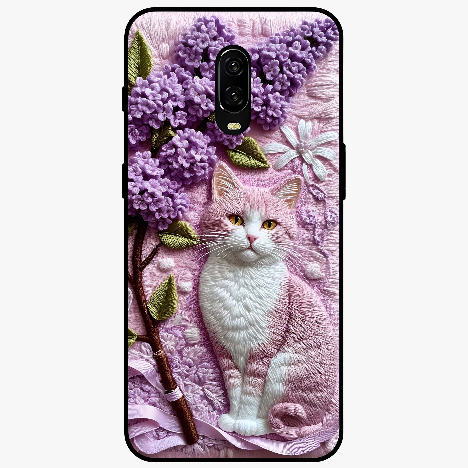 Lavender Cat Whimsy Glass Case showing flat back view with cute lavender cat artwork and glossy glass finish.