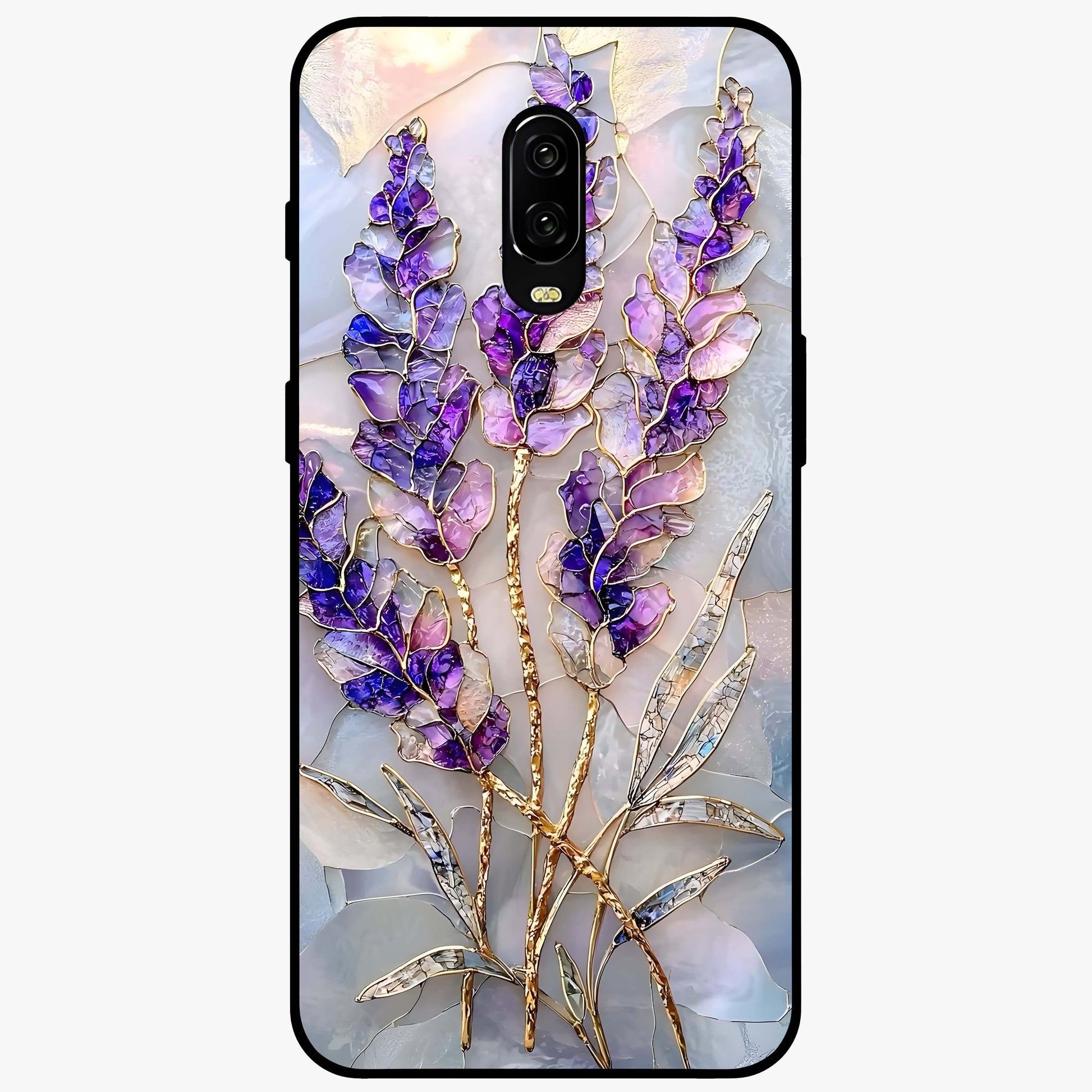 Lavender Dream Glow Glass Case showing flat back view with glowing lavender aesthetic artwork and glossy glass finish.